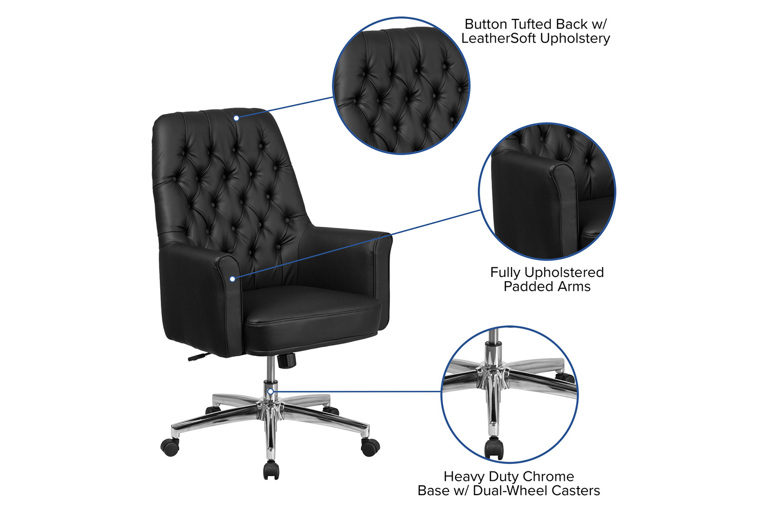 BLNK Hansel LeatherSoft Mid-Back Traditional Tufted Executive Swivel Office Chair with Arms - Black