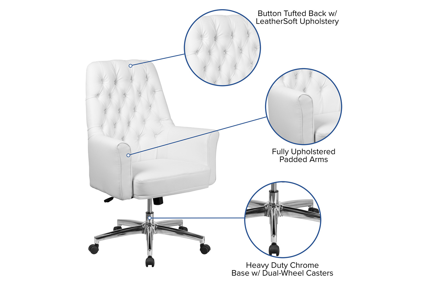 BLNK Hansel LeatherSoft Mid-Back Traditional Tufted Executive Swivel Office Chair with Arms - White