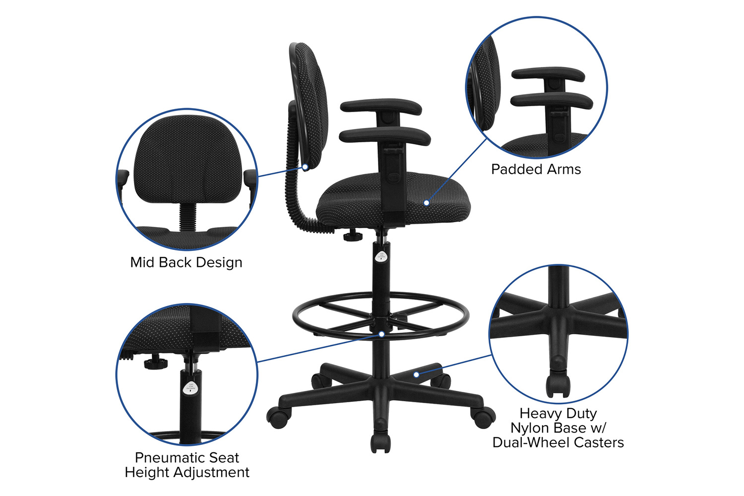 BLNK Bruce Fabric Drafting Chair - Black Patterned, with Adjustable Arms