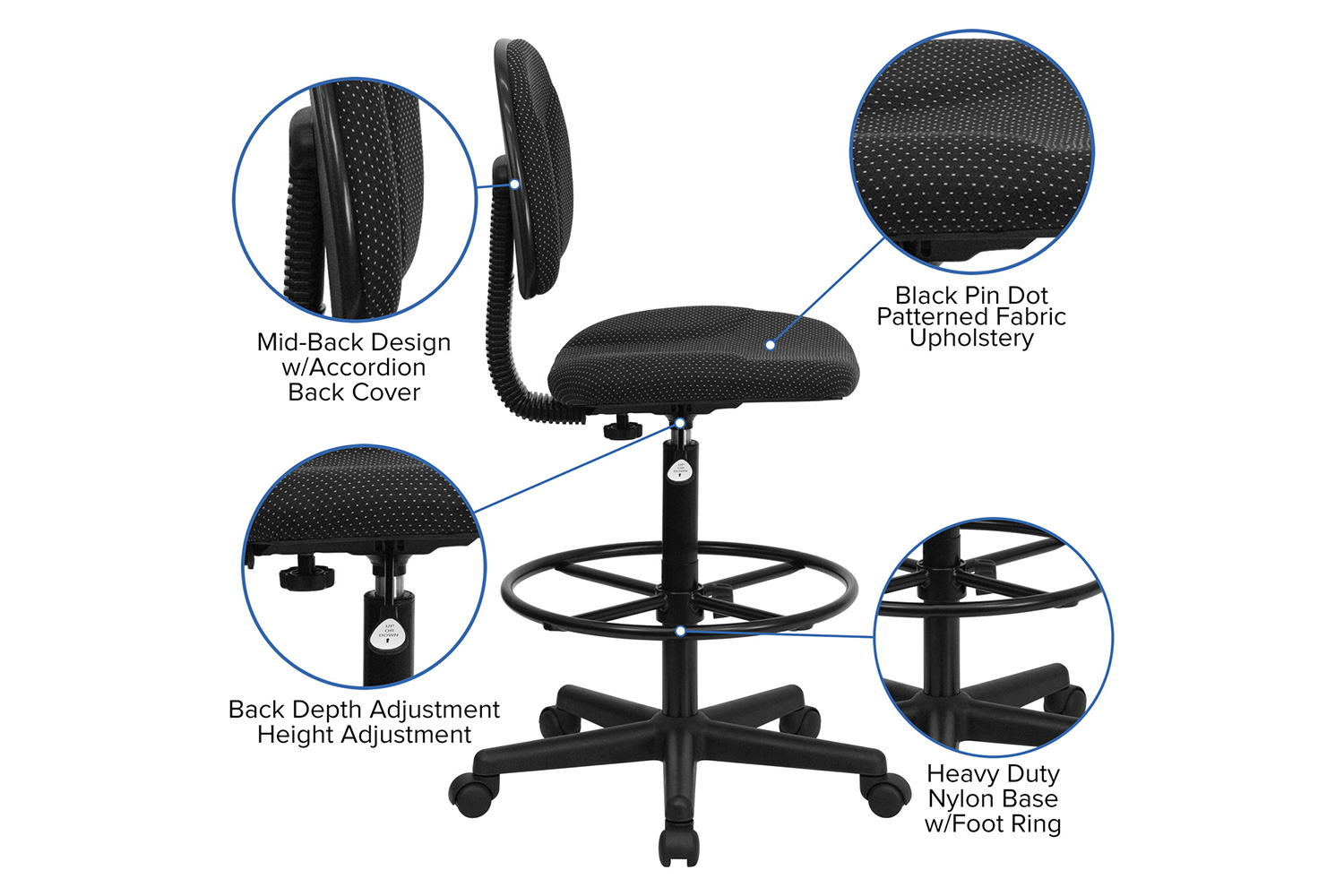 BLNK Bruce Fabric Drafting Chair - Black Patterned