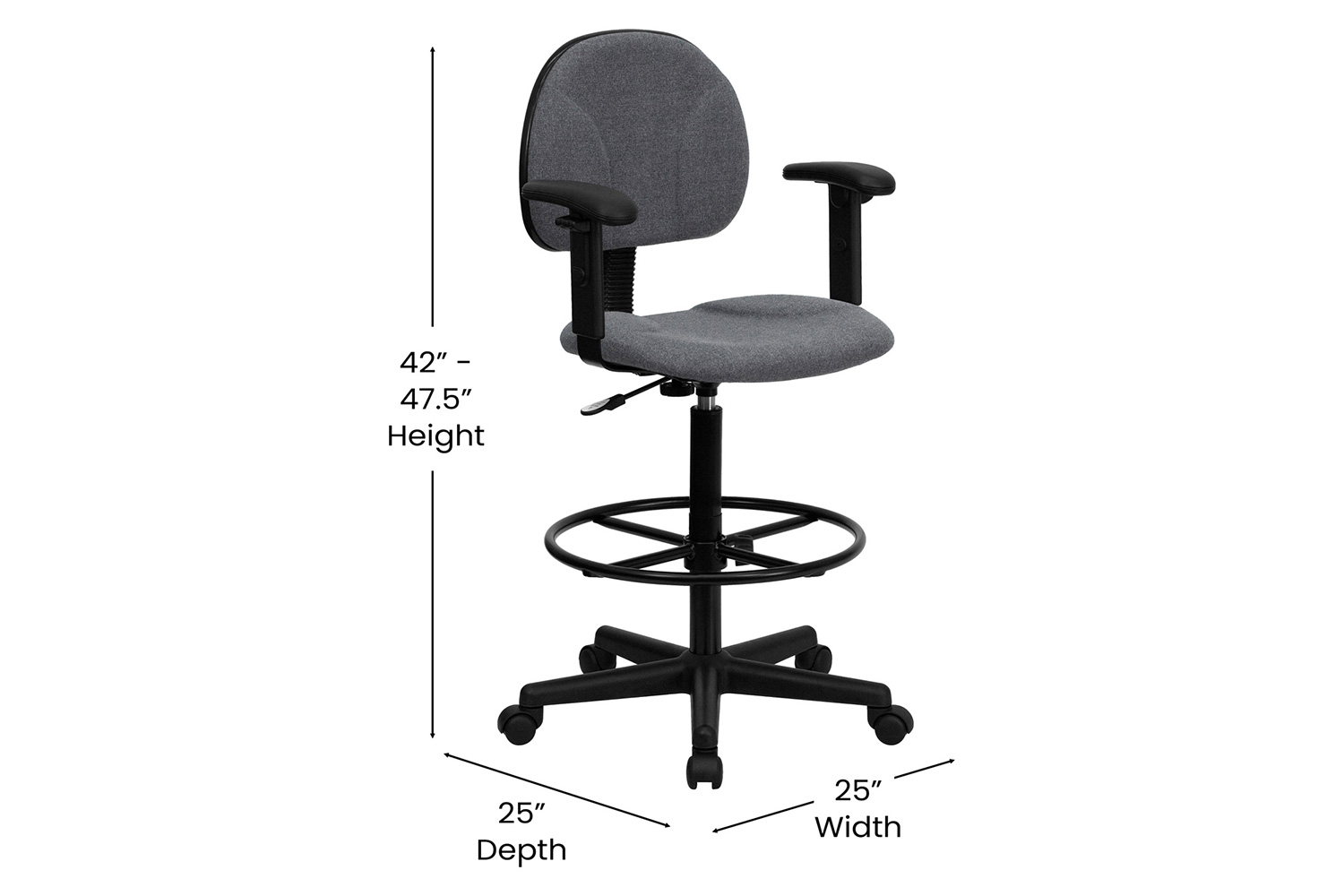 BLNK Bruce Fabric Drafting Chair - Gray, with Adjustable Arms