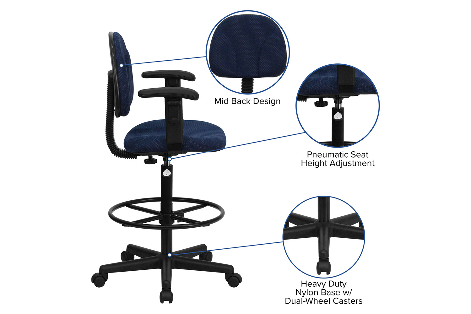 BLNK Bruce Fabric Drafting Chair - Navy Blue Patterned, with Adjustable Arms