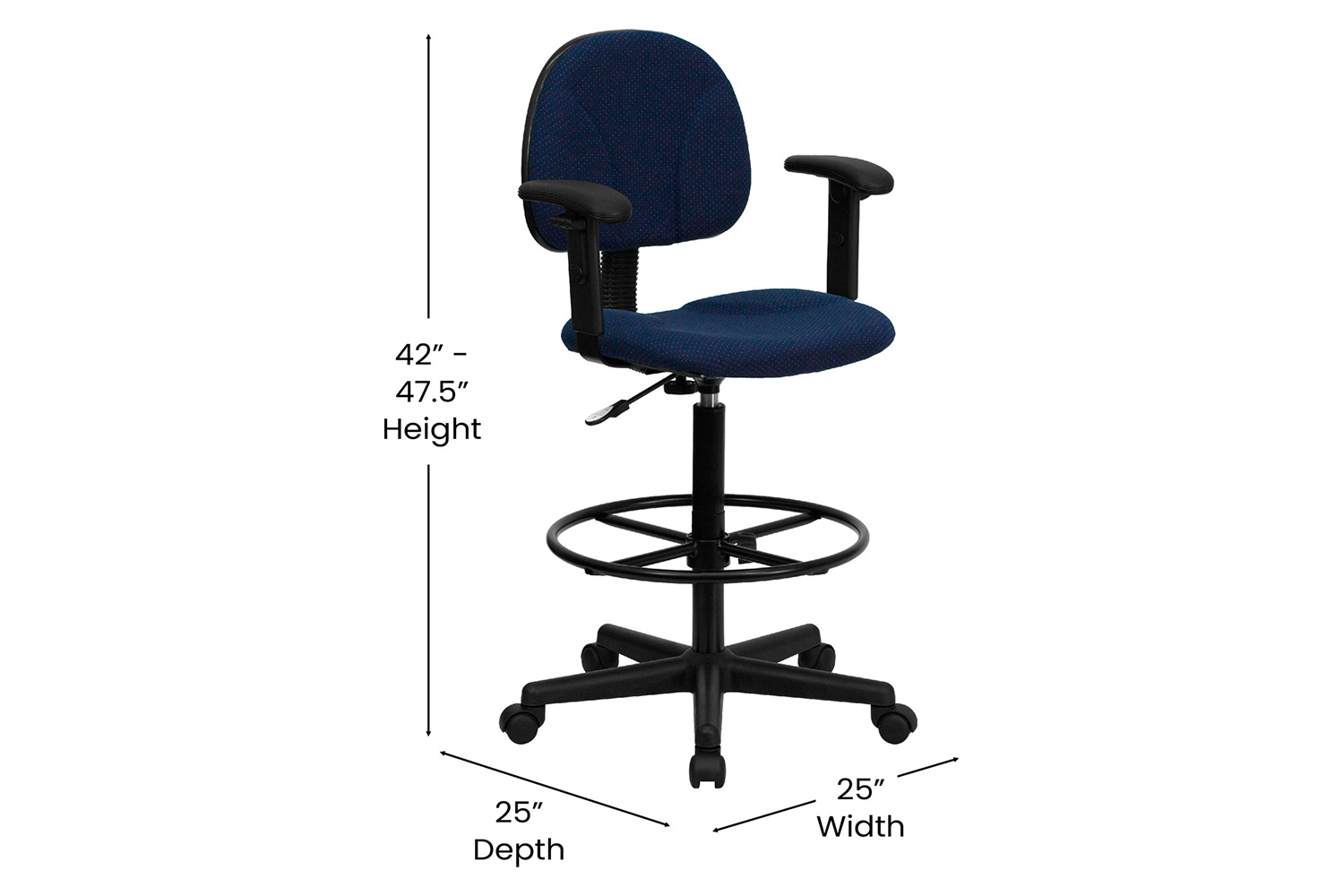 BLNK Bruce Fabric Drafting Chair - Navy Blue Patterned, with Adjustable Arms