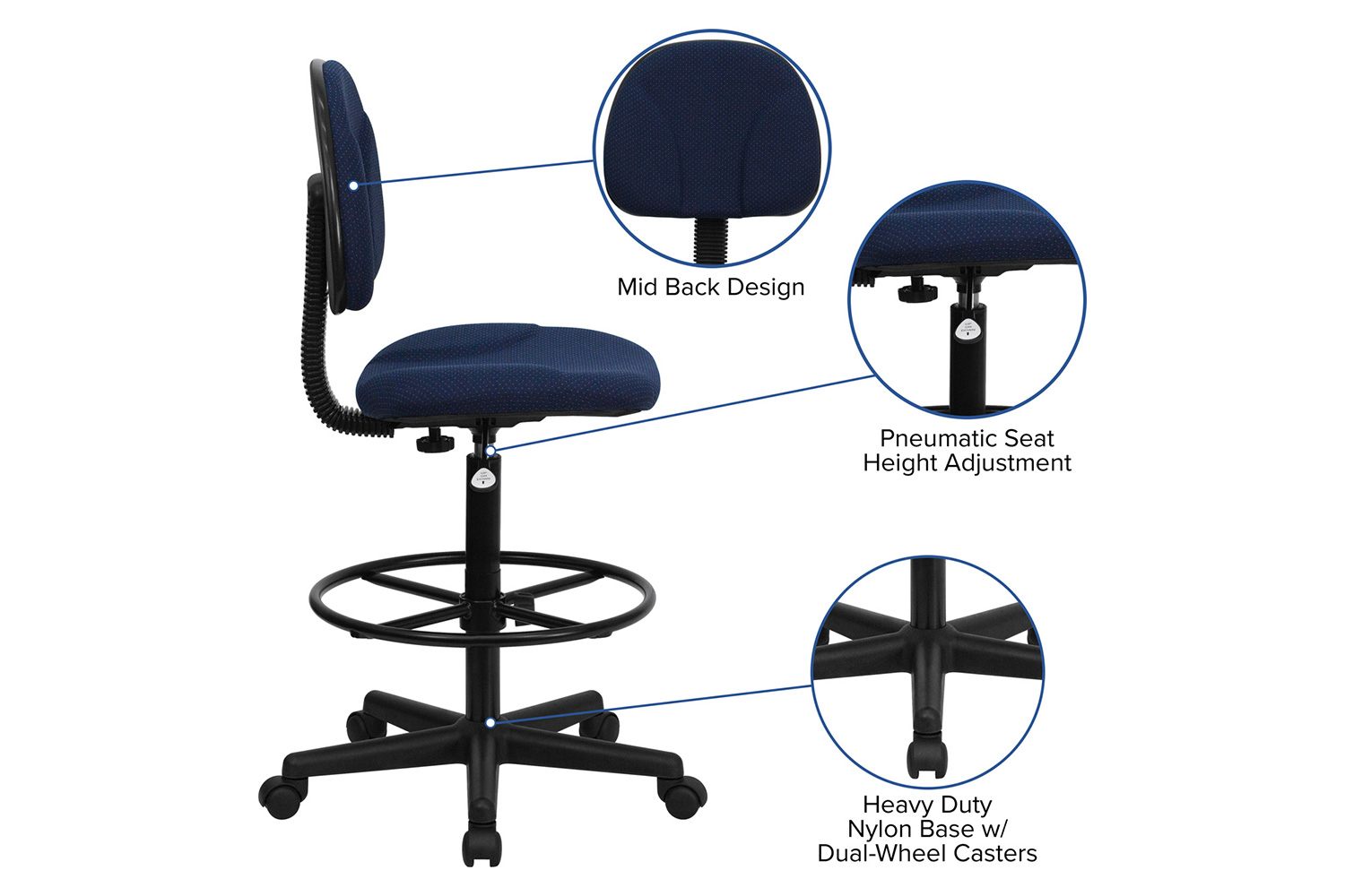 BLNK Bruce Fabric Drafting Chair - Navy Blue Patterned