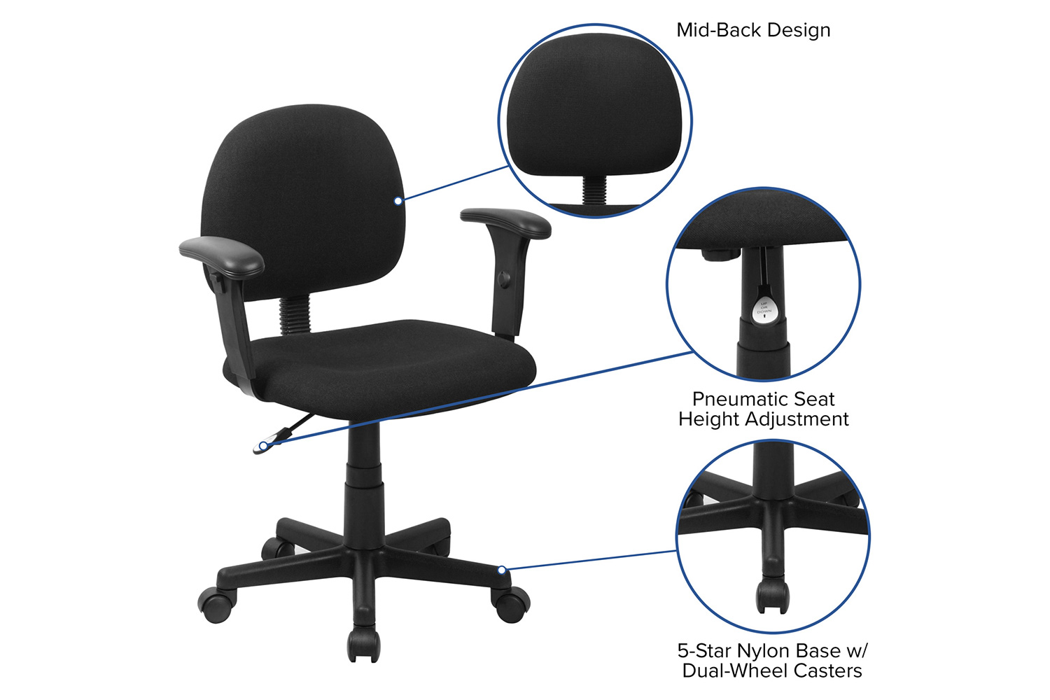 BLNK Wayne Fabric Mid-Back Swivel Task Office Chair - with Adjustable Arms