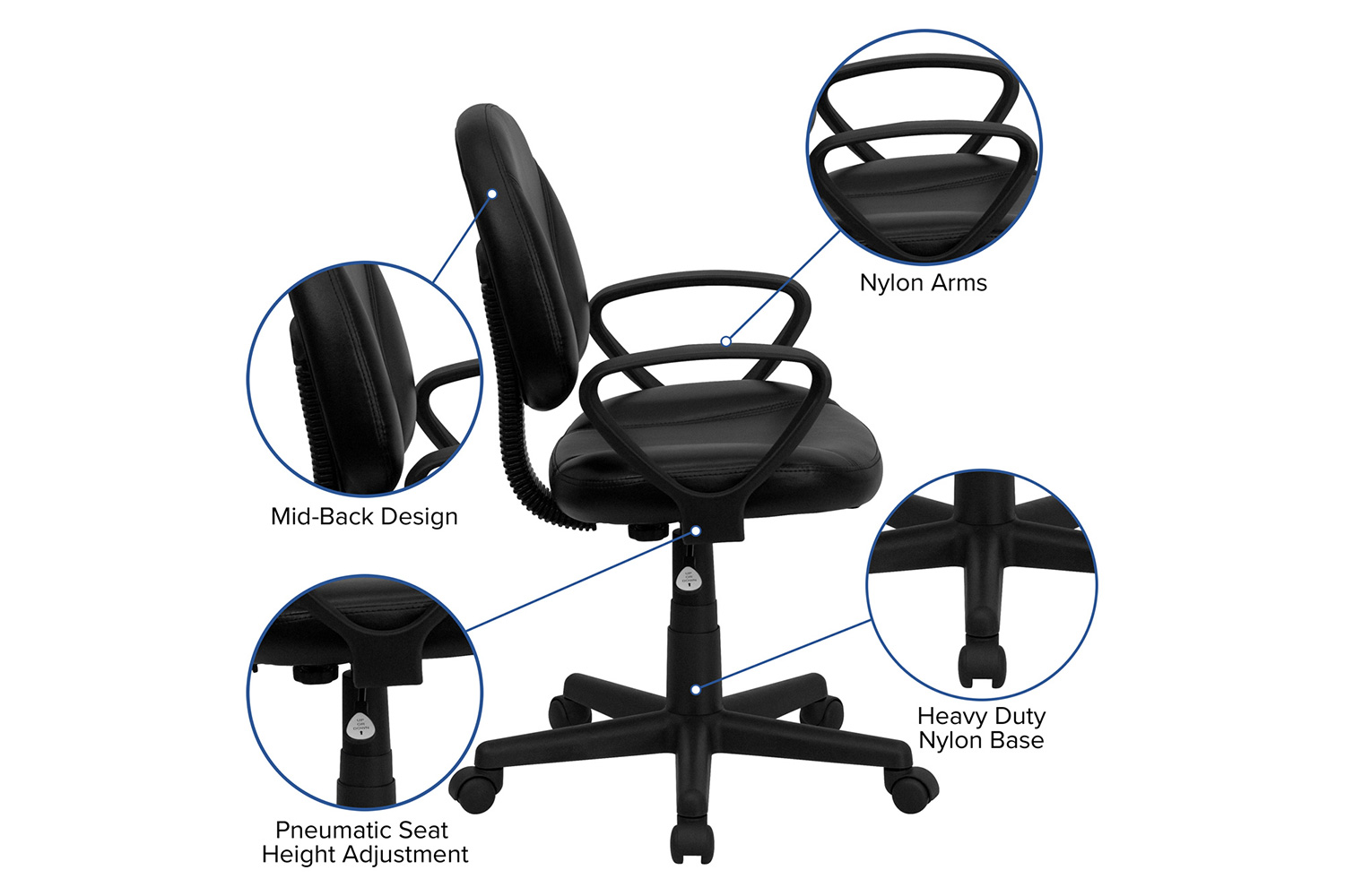 BLNK - Ronald LeatherSoft Mid-Back Swivel Ergonomic Task Office Chair with Back Depth Adjustment and Arms