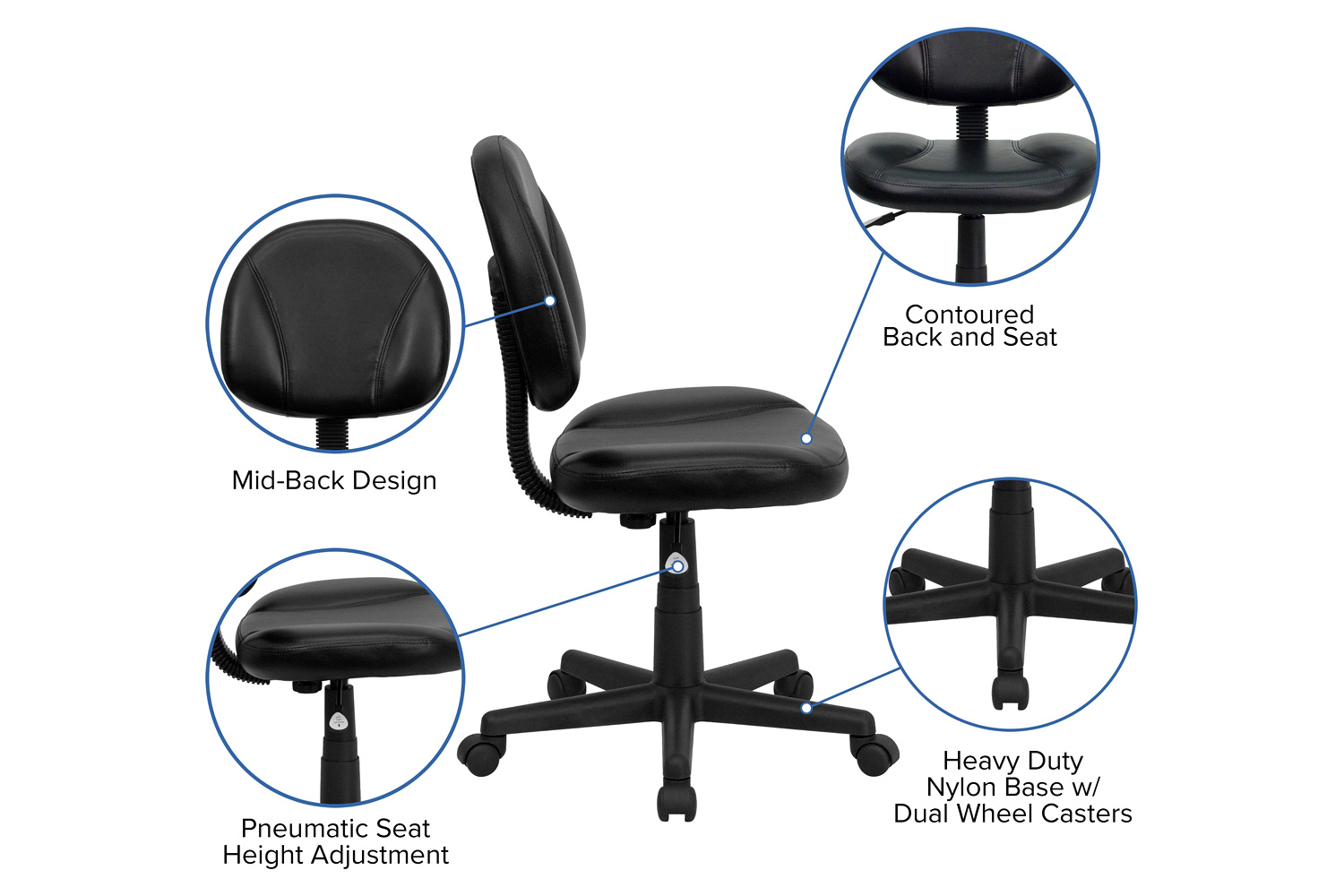 BLNK - Ronald Mid-Back Black LeatherSoft Swivel Ergonomic Task Office Chair with Back Depth Adjustment