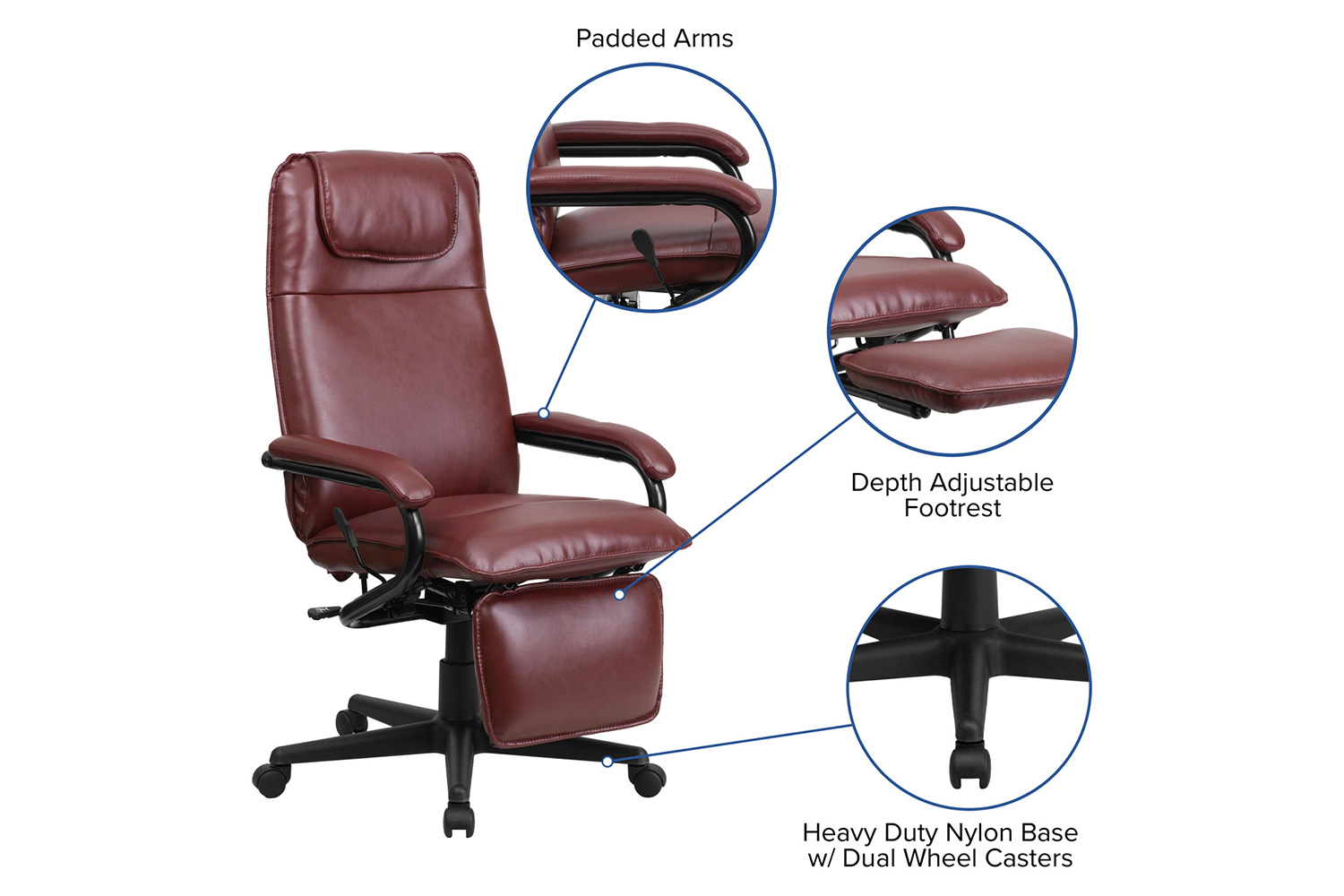 BLNK Robert LeatherSoft High-Back Executive Reclining Ergonomic Swivel Office Chair with Arms - Burgundy