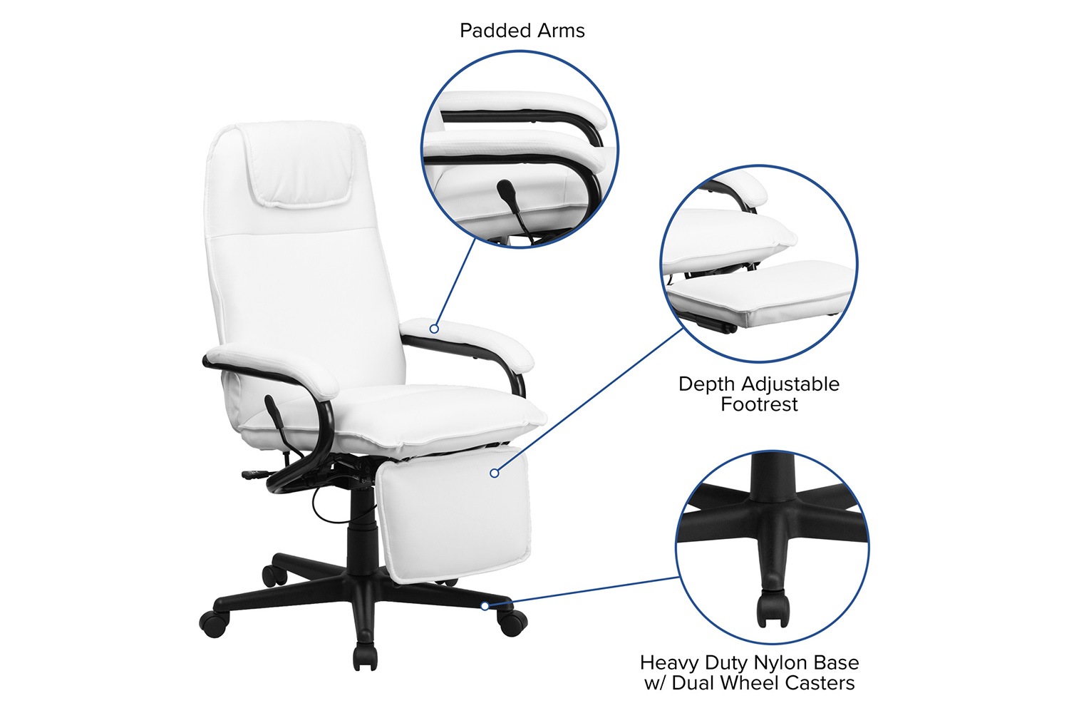 BLNK Robert LeatherSoft High-Back Executive Reclining Ergonomic Swivel Office Chair with Arms - White