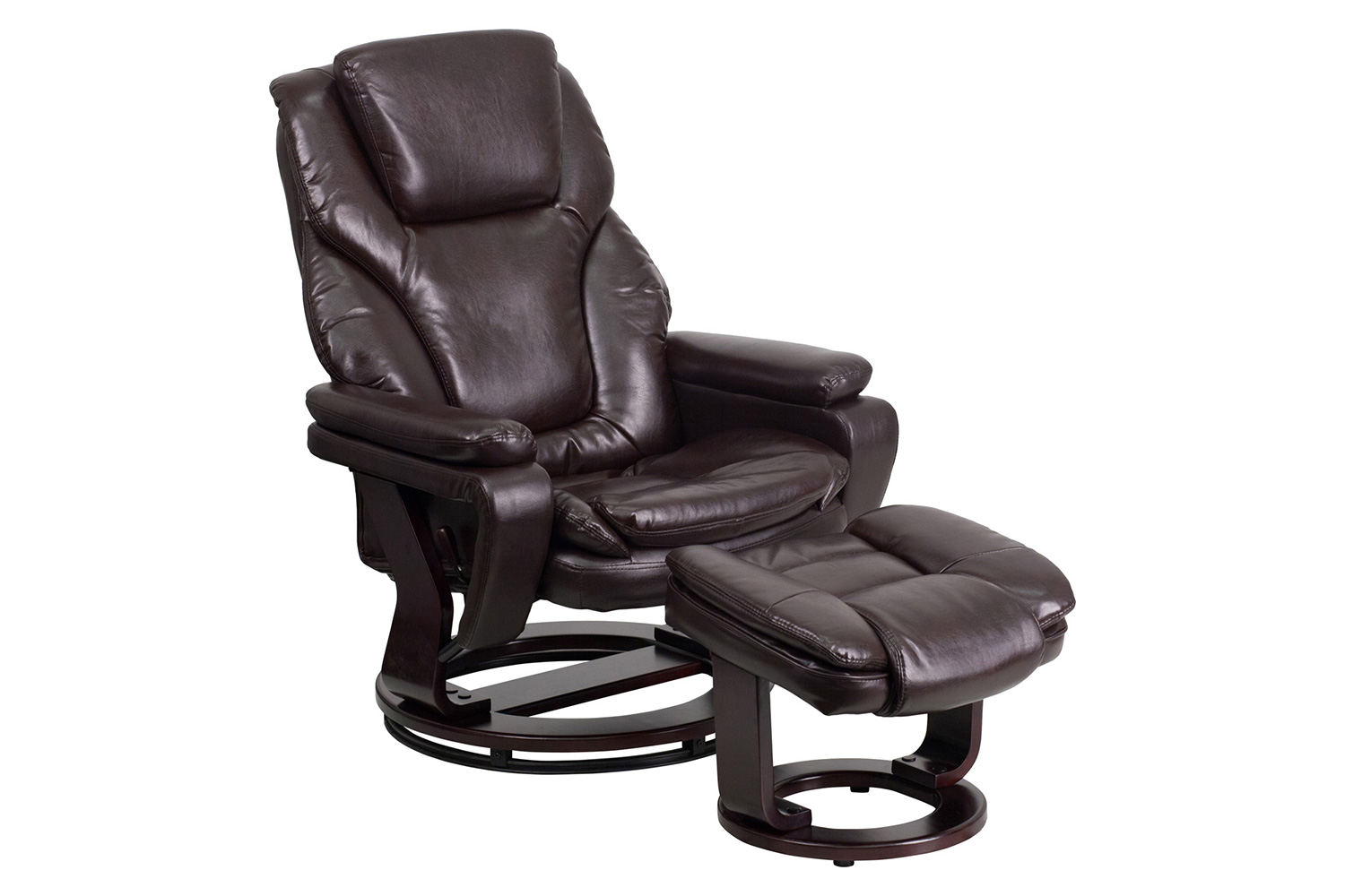 BLNK LeatherSoft Austin Contemporary Multi-Position Recliner and Ottoman with Swivel Mahogany Wood Base - Brown