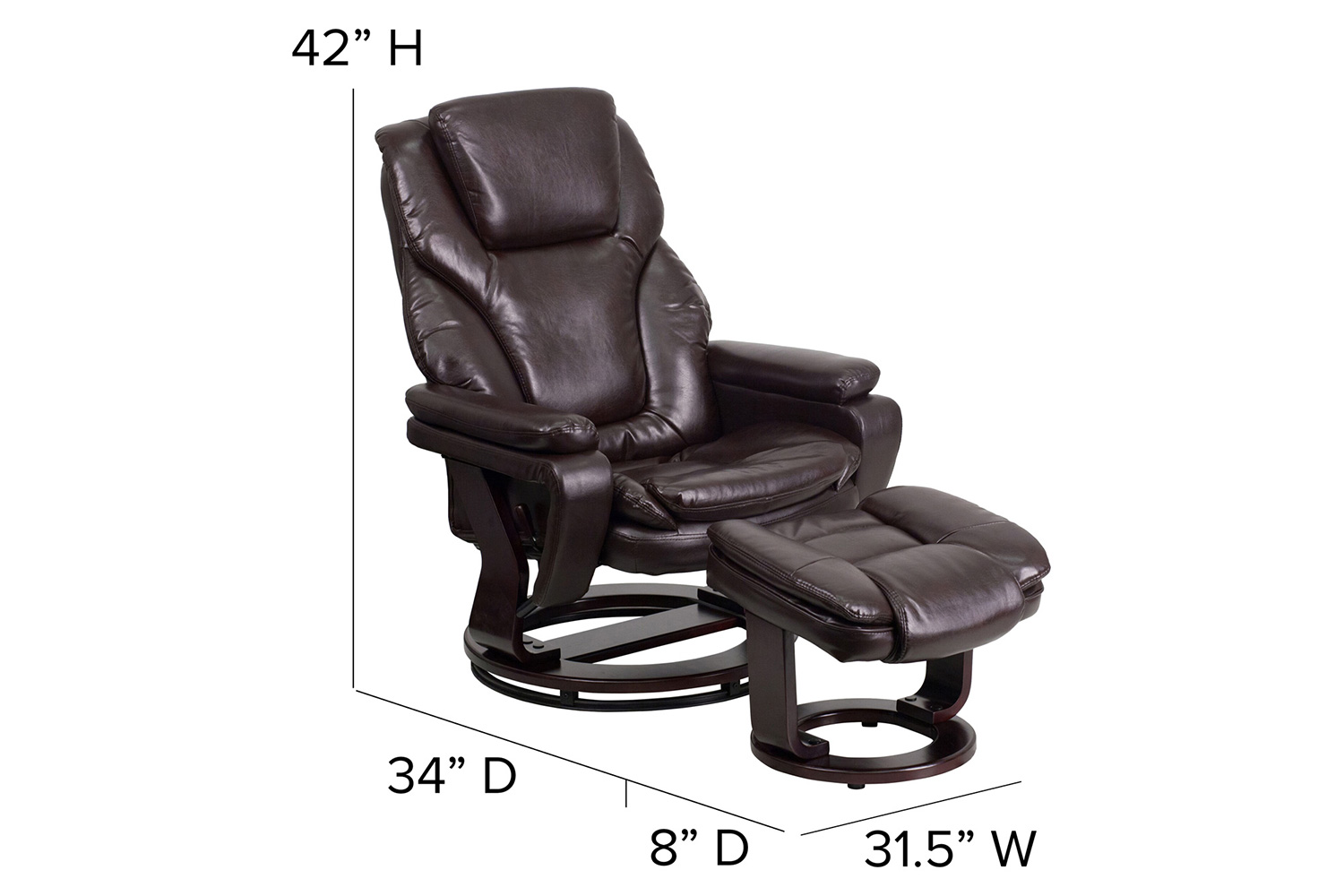 BLNK LeatherSoft Austin Contemporary Multi-Position Recliner and Ottoman with Swivel Mahogany Wood Base - Brown