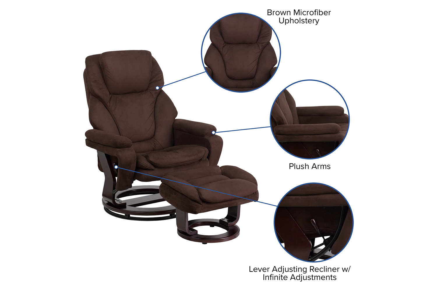 BLNK™ - Microfiber Austin Contemporary Multi-Position Recliner and Ottoman with Swivel Mahogany Wood Base