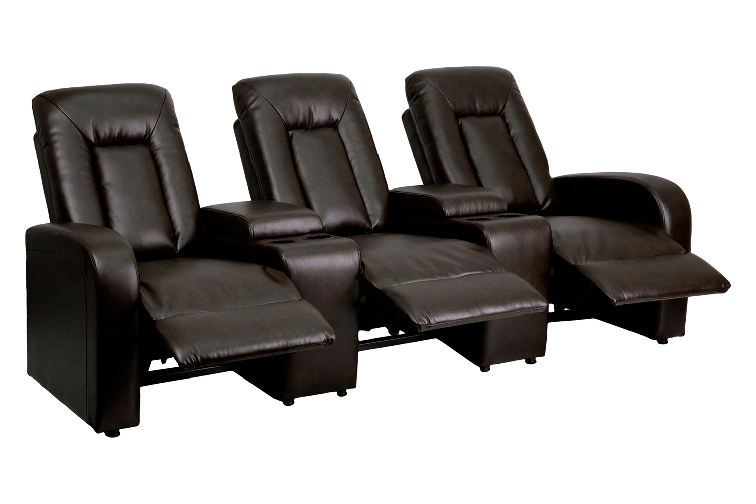 BLNK Eclipse Series LeatherSoft 3-Seat Reclining LeatherSoft Theater Seating Unit with Cup Holders - Brown