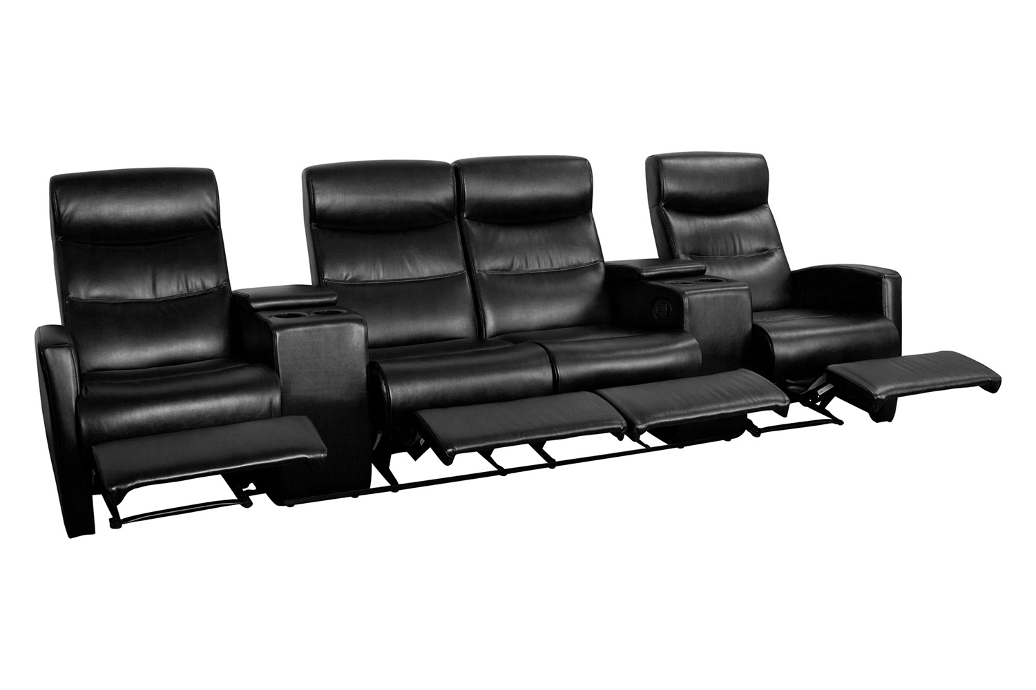 BLNK - Anetos Series 4-Seat Reclining Black LeatherSoft Theater Seating Unit with Cup Holders