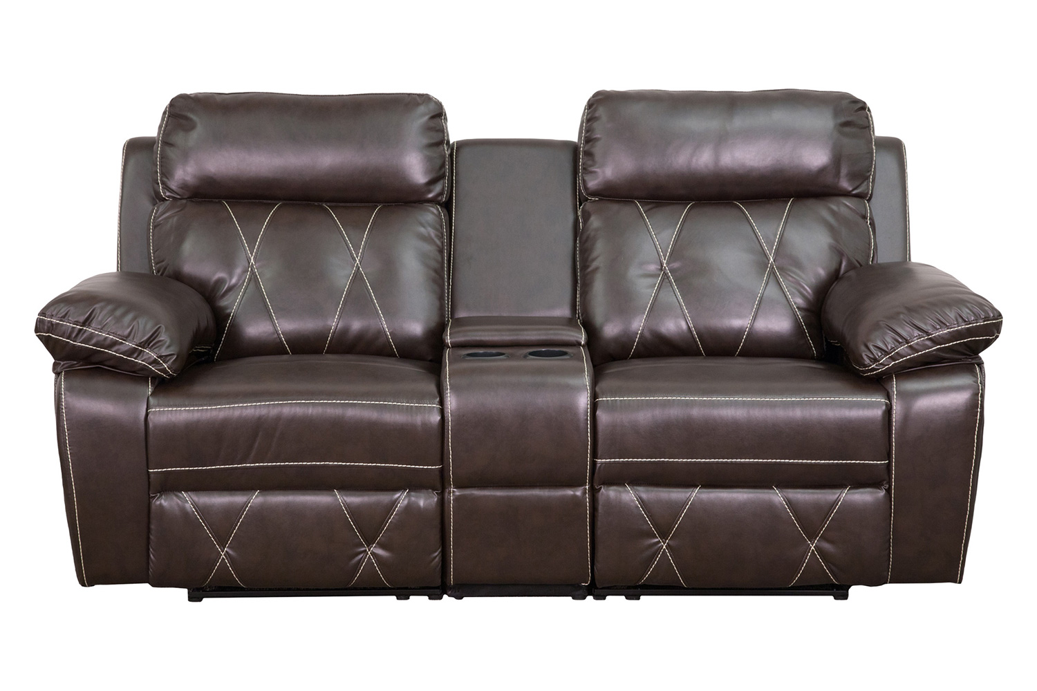 BLNK Reel Comfort Series LeatherSoft 2-Seat Reclining Theater Seating Unit with Straight Cup Holders - Brown