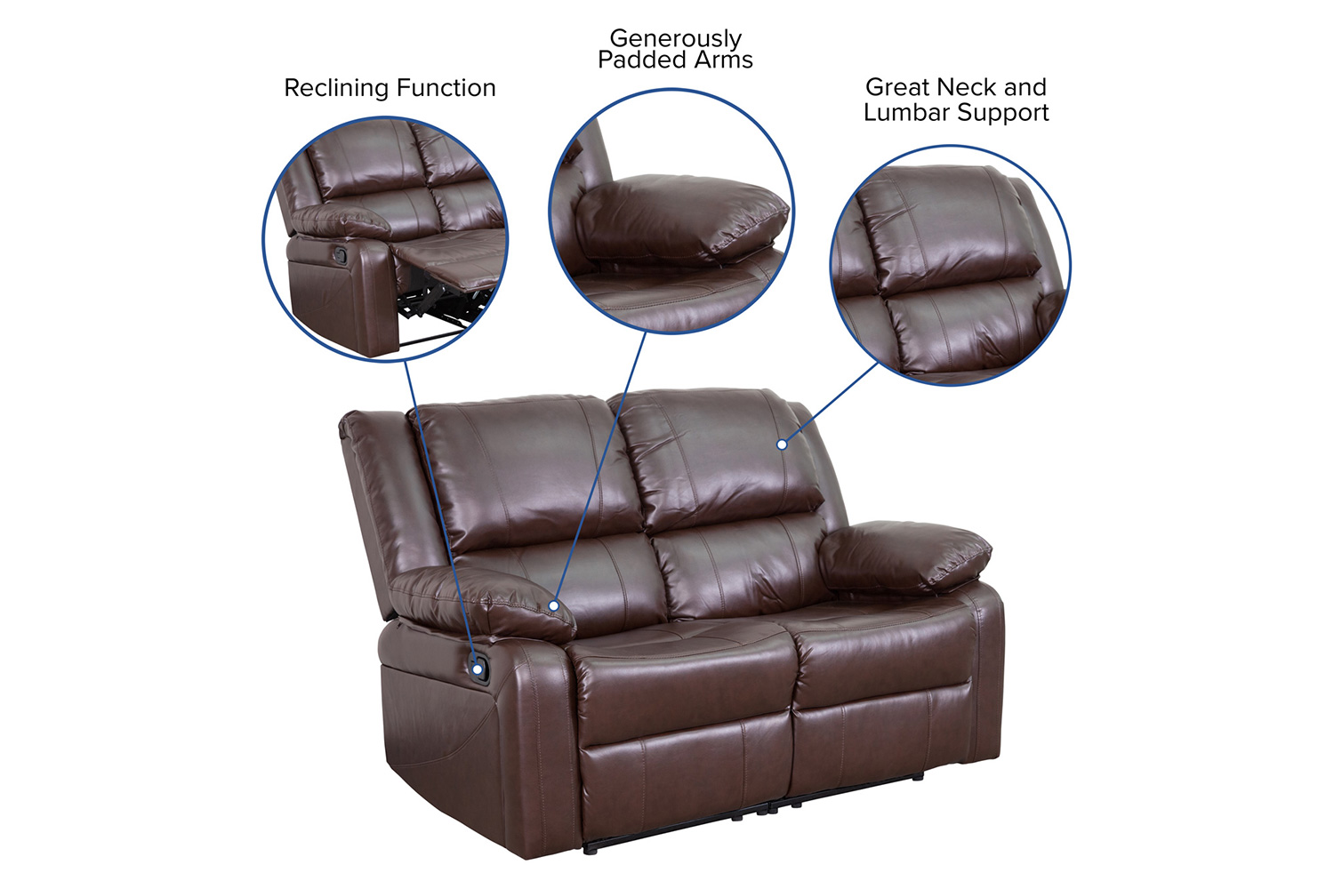 BLNK Harmony Series LeatherSoft Loveseat with Two Built-In Recliners - Brown