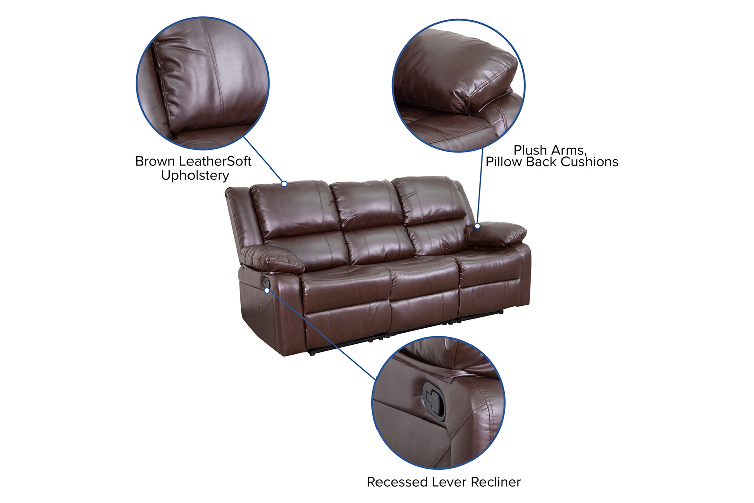 BLNK Harmony Series LeatherSoft Sofa with Two Built-In Recliners - Brown