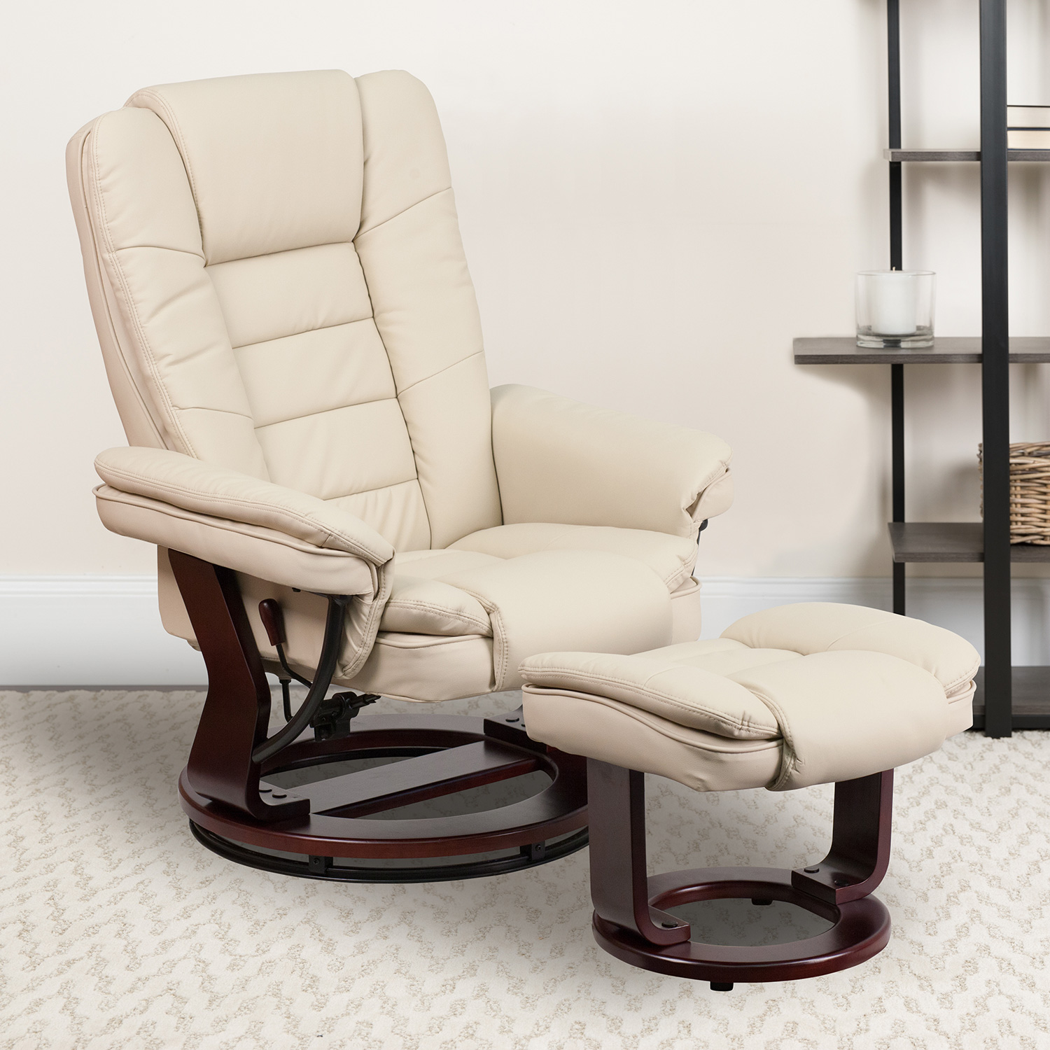 BLNK Bali LeatherSoft Contemporary Multi-Position Recliner with Horizontal Stitching and Ottoman with Swivel Mahogany Wood Base