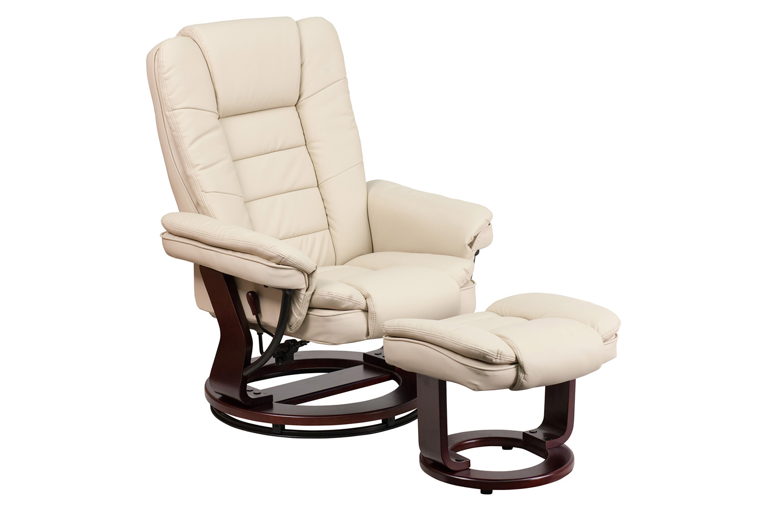 BLNK™ Bali LeatherSoft Contemporary Multi-Position Recliner with Horizontal Stitching and Ottoman with Swivel Mahogany Wood Base - Beige