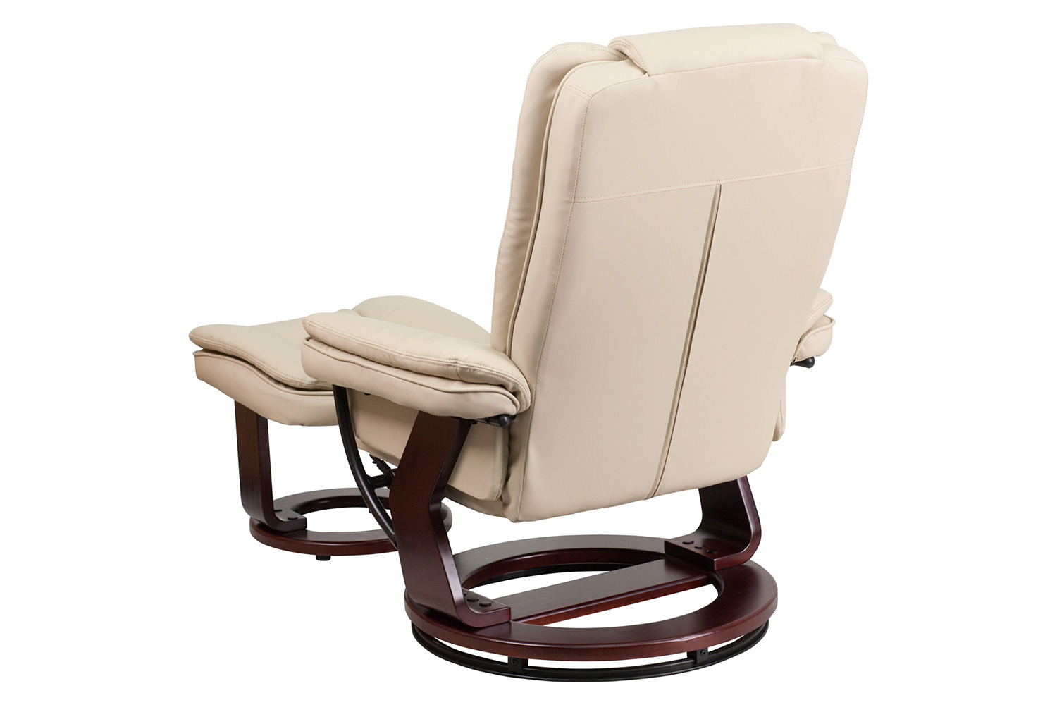 BLNK™ Bali LeatherSoft Contemporary Multi-Position Recliner with Horizontal Stitching and Ottoman with Swivel Mahogany Wood Base - Beige