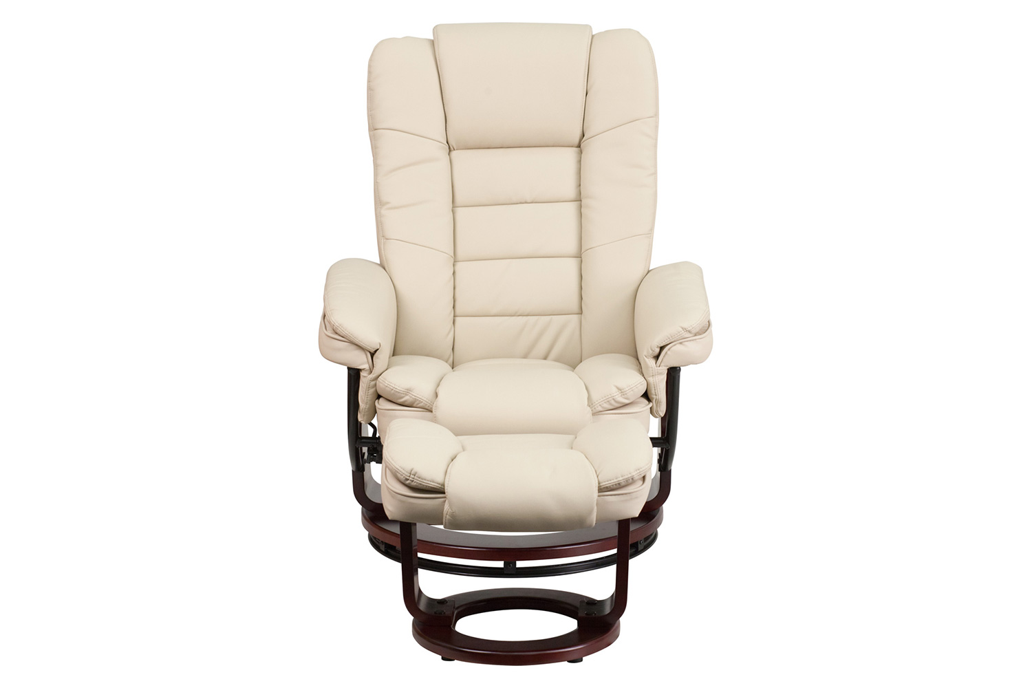 BLNK™ Bali LeatherSoft Contemporary Multi-Position Recliner with Horizontal Stitching and Ottoman with Swivel Mahogany Wood Base - Beige