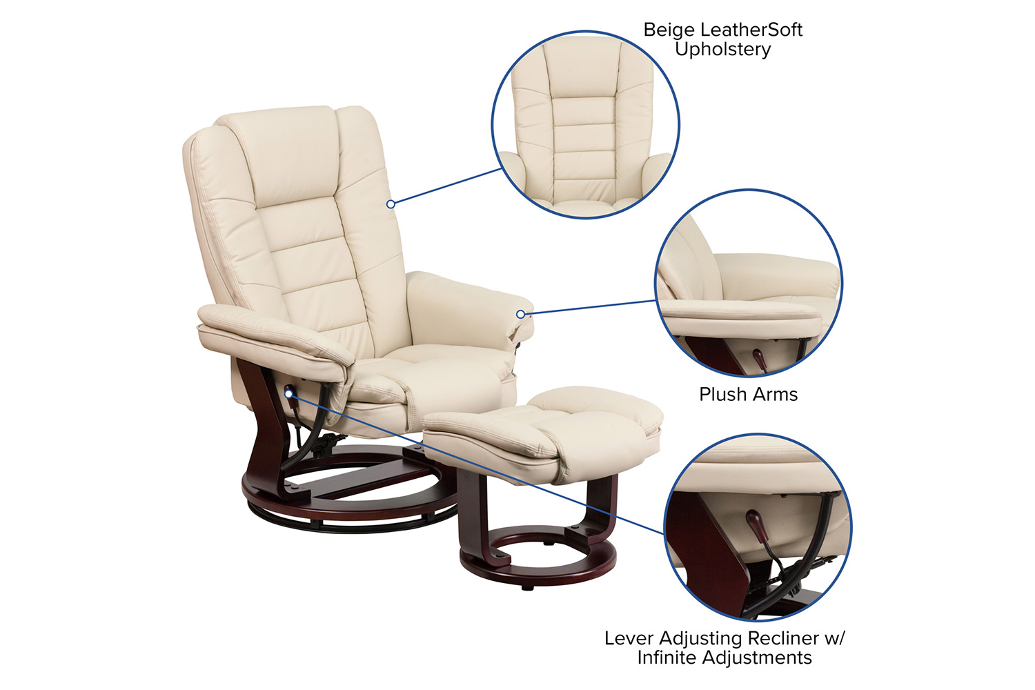 BLNK™ Bali LeatherSoft Contemporary Multi-Position Recliner with Horizontal Stitching and Ottoman with Swivel Mahogany Wood Base - Beige