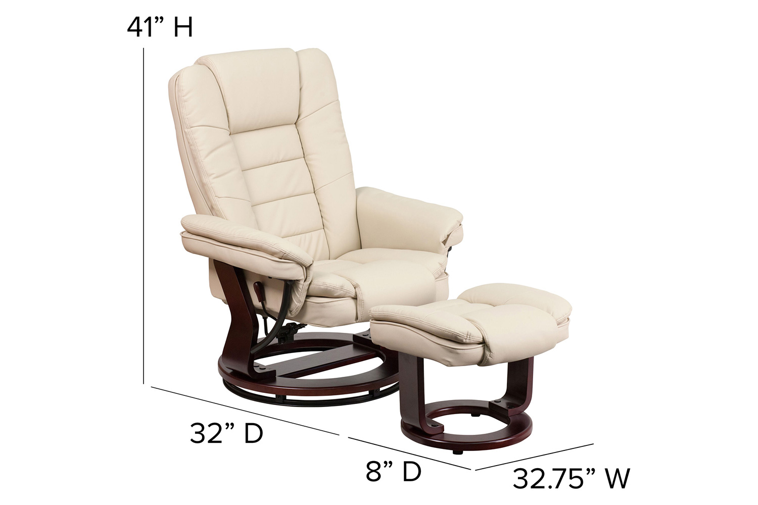 BLNK™ Bali LeatherSoft Contemporary Multi-Position Recliner with Horizontal Stitching and Ottoman with Swivel Mahogany Wood Base - Beige