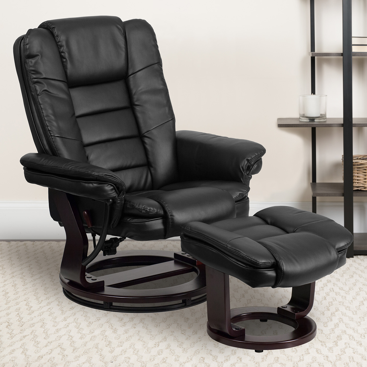 BLNK Bali LeatherSoft Contemporary Multi-Position Recliner with Horizontal Stitching and Ottoman with Swivel Mahogany Wood Base