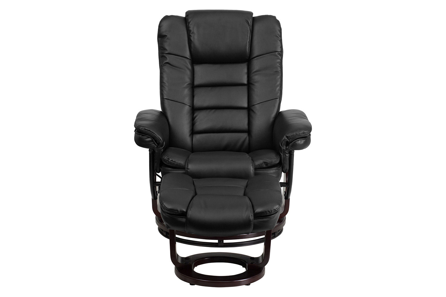 BLNK Bali LeatherSoft Contemporary Multi-Position Recliner with Horizontal Stitching and Ottoman with Swivel Mahogany Wood Base - Black