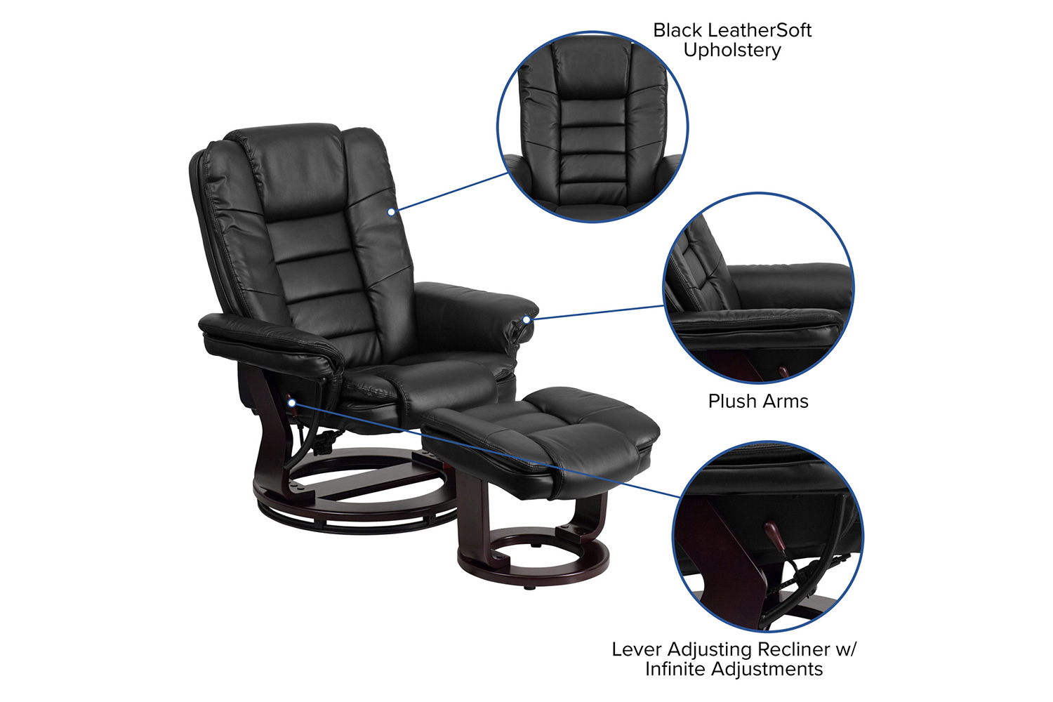 BLNK Bali LeatherSoft Contemporary Multi-Position Recliner with Horizontal Stitching and Ottoman with Swivel Mahogany Wood Base - Black