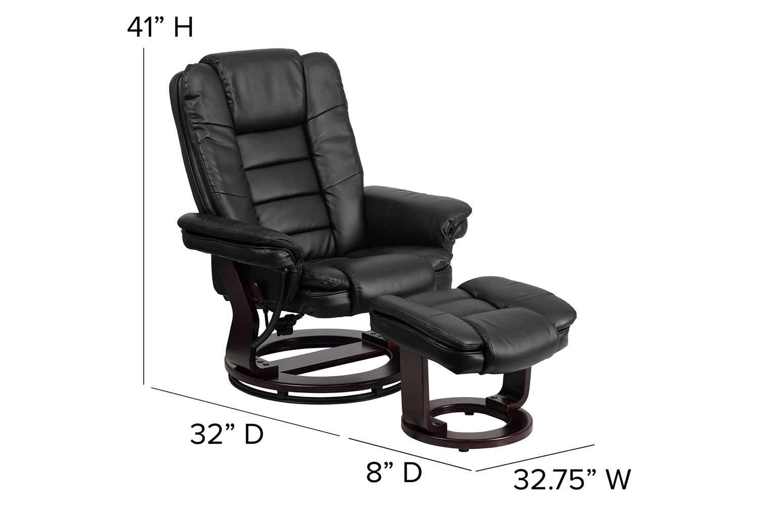 BLNK Bali LeatherSoft Contemporary Multi-Position Recliner with Horizontal Stitching and Ottoman with Swivel Mahogany Wood Base - Black