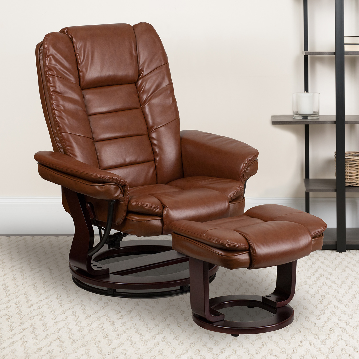 BLNK Bali LeatherSoft Contemporary Multi-Position Recliner with Horizontal Stitching and Ottoman with Swivel Mahogany Wood Base