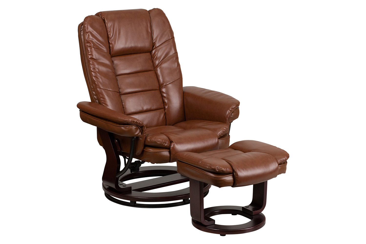 BLNK Bali LeatherSoft Contemporary Multi-Position Recliner with Horizontal Stitching and Ottoman with Swivel Mahogany Wood Base - Vintage Brown