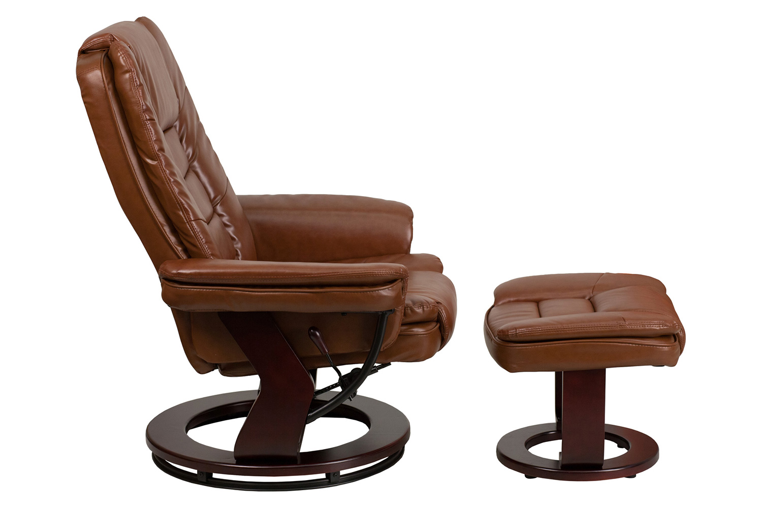 BLNK Bali LeatherSoft Contemporary Multi-Position Recliner with Horizontal Stitching and Ottoman with Swivel Mahogany Wood Base - Vintage Brown