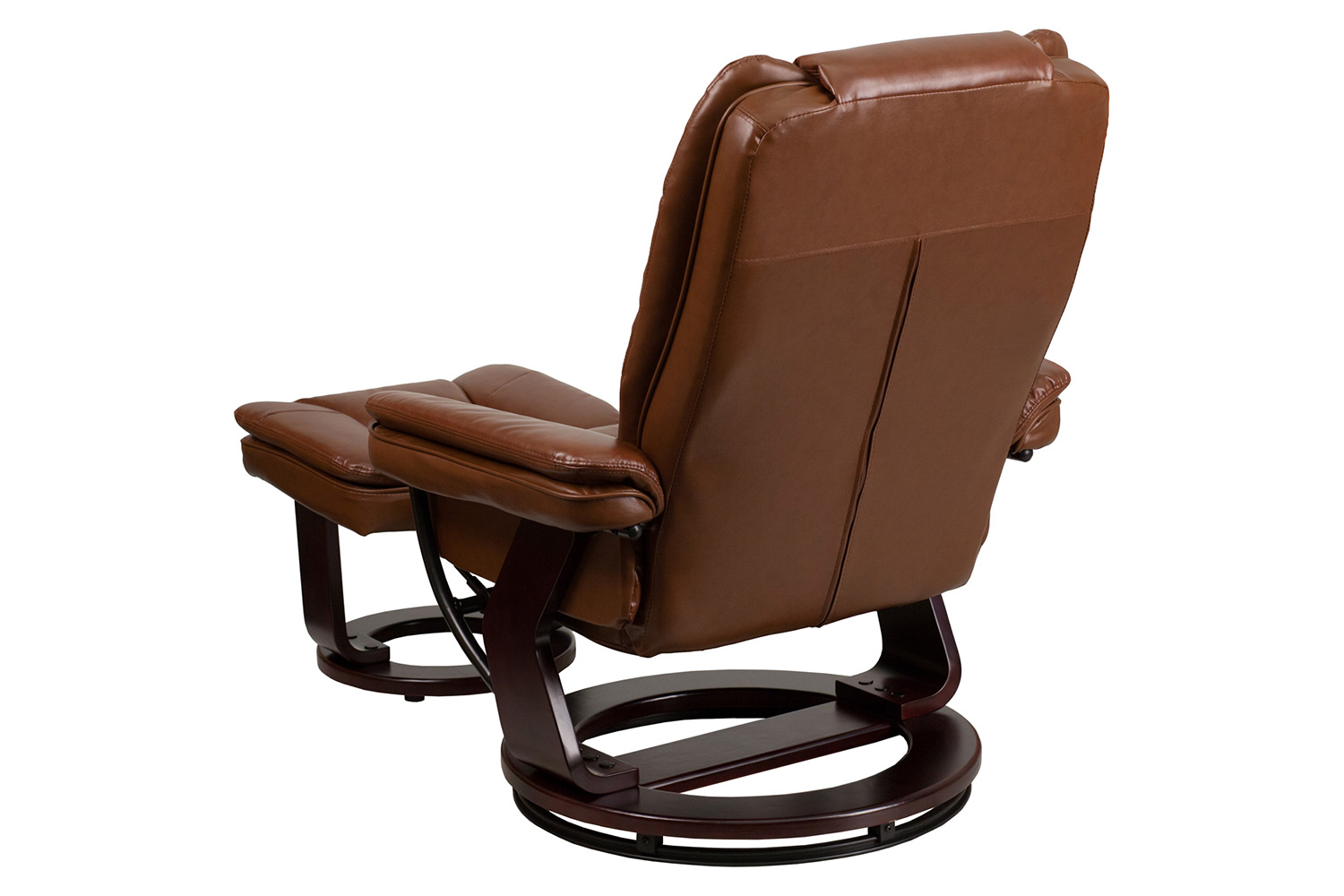 BLNK Bali LeatherSoft Contemporary Multi-Position Recliner with Horizontal Stitching and Ottoman with Swivel Mahogany Wood Base - Vintage Brown