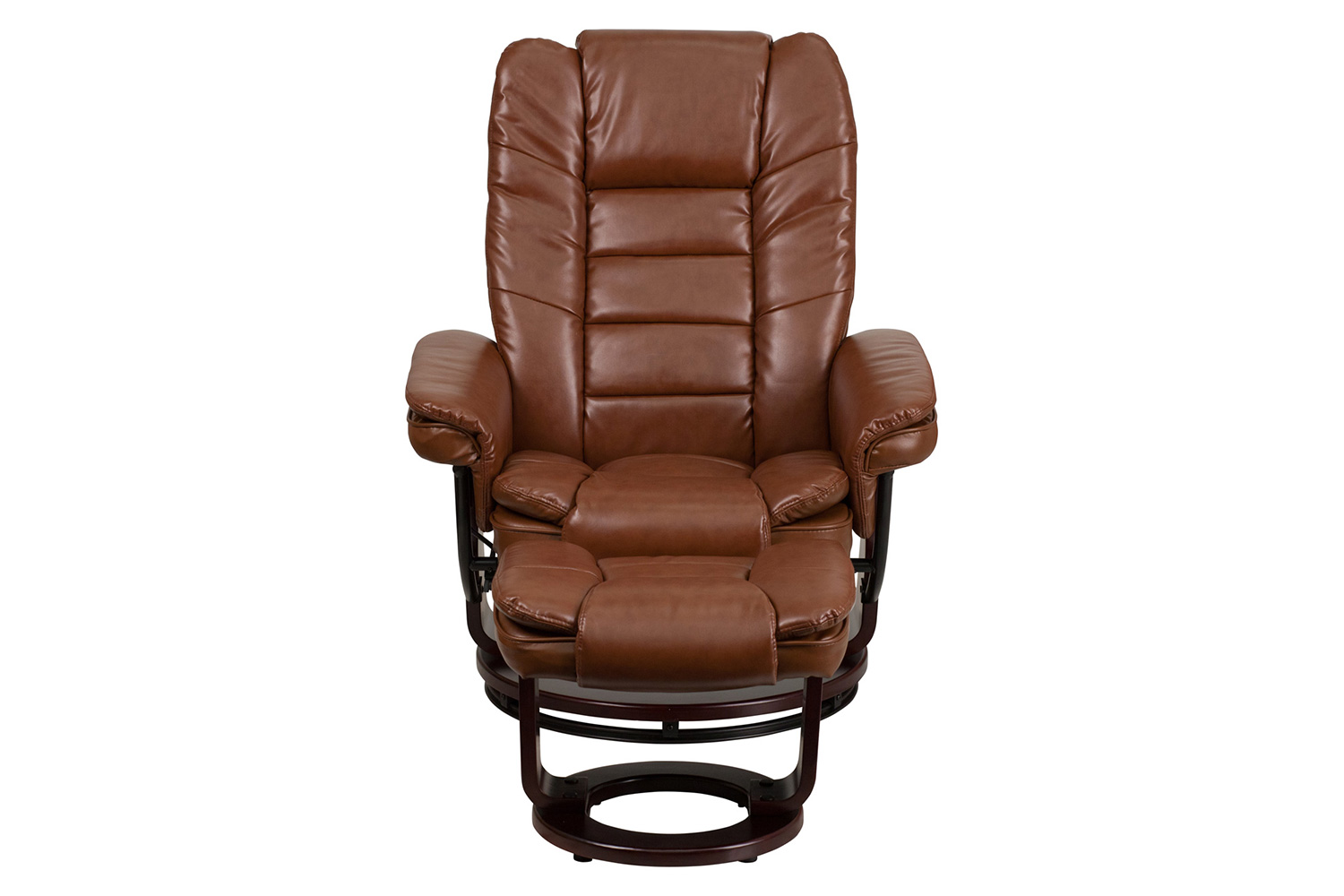 BLNK Bali LeatherSoft Contemporary Multi-Position Recliner with Horizontal Stitching and Ottoman with Swivel Mahogany Wood Base - Vintage Brown