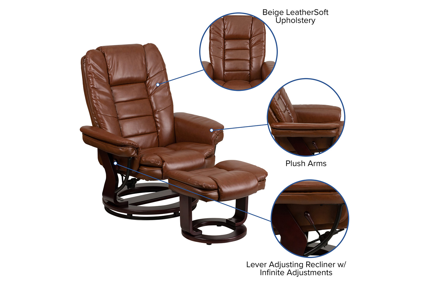 BLNK Bali LeatherSoft Contemporary Multi-Position Recliner with Horizontal Stitching and Ottoman with Swivel Mahogany Wood Base - Vintage Brown