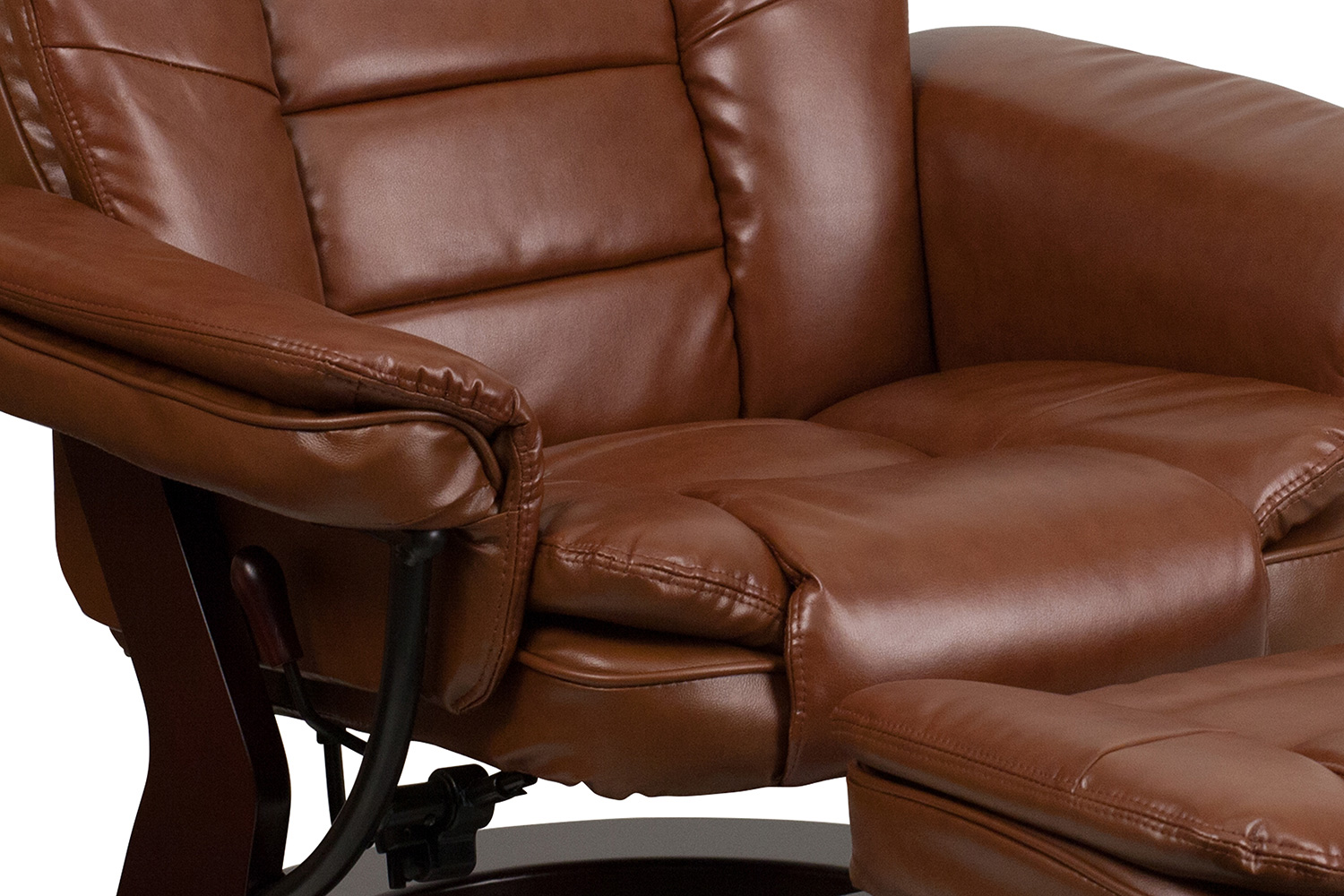 BLNK Bali LeatherSoft Contemporary Multi-Position Recliner with Horizontal Stitching and Ottoman with Swivel Mahogany Wood Base - Vintage Brown