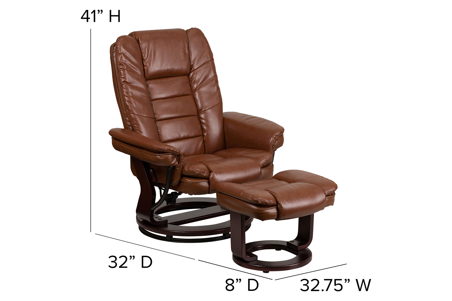 BLNK Bali LeatherSoft Contemporary Multi-Position Recliner with Horizontal Stitching and Ottoman with Swivel Mahogany Wood Base - Vintage Brown