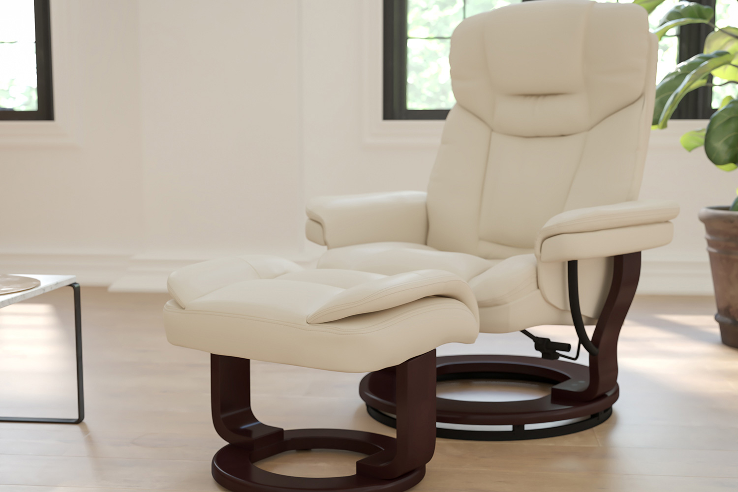 BLNK Allie LeatherSoft Contemporary Multi-Position Recliner and Curved Ottoman with Swivel Mahogany Wood Base