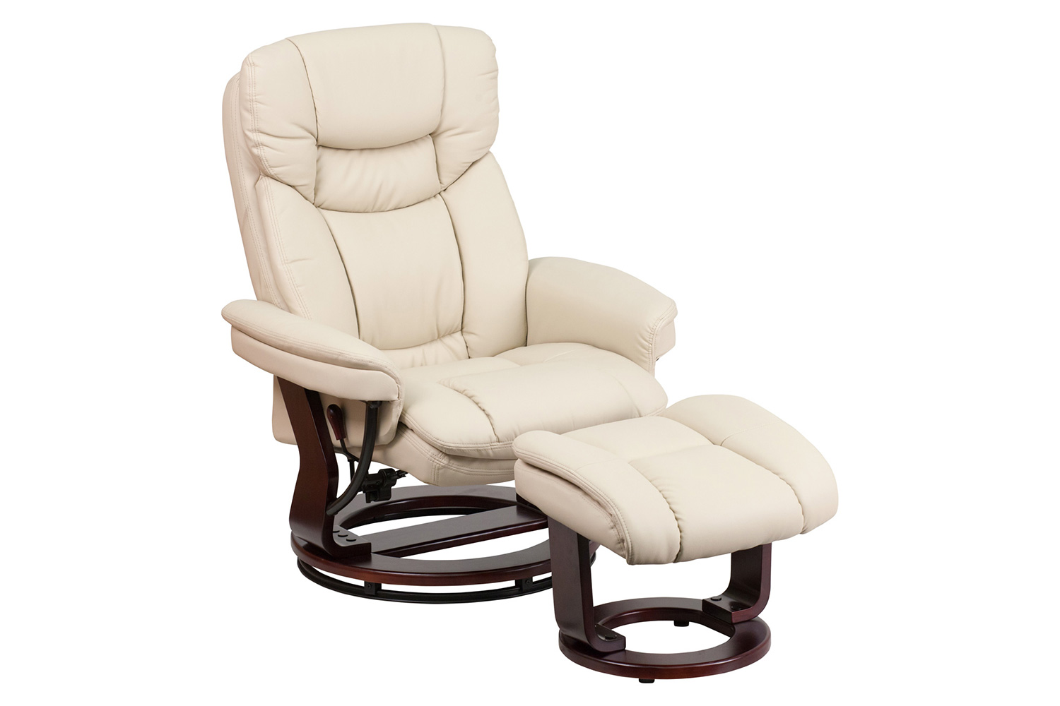 BLNK Allie LeatherSoft Contemporary Multi-Position Recliner and Curved Ottoman with Swivel Mahogany Wood Base - Beige