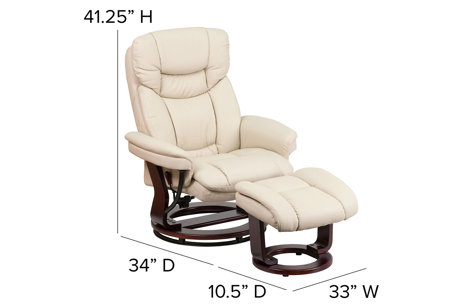 BLNK Allie LeatherSoft Contemporary Multi-Position Recliner and Curved Ottoman with Swivel Mahogany Wood Base - Beige