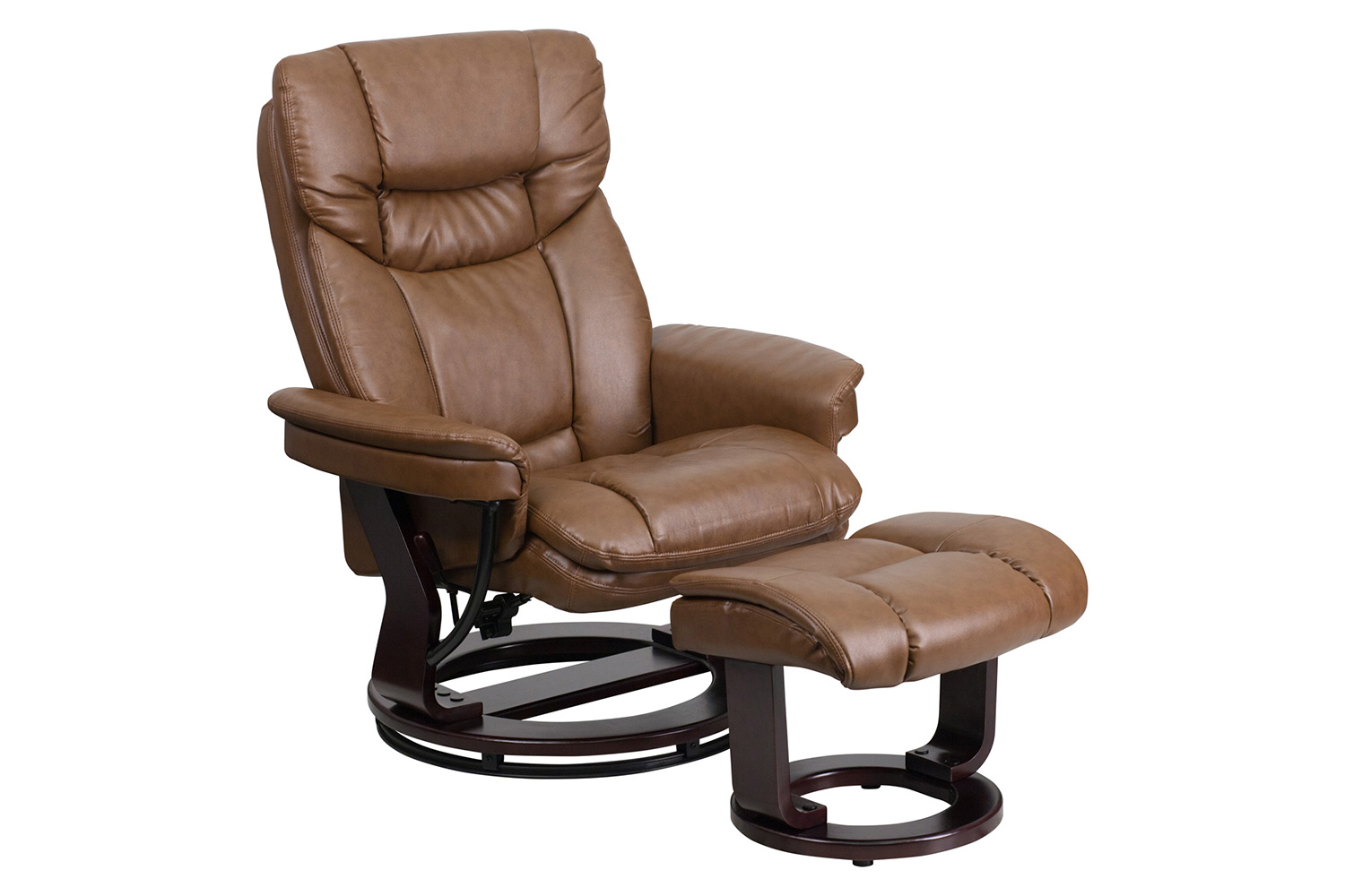 BLNK Allie LeatherSoft Contemporary Multi-Position Recliner and Curved Ottoman with Swivel Mahogany Wood Base