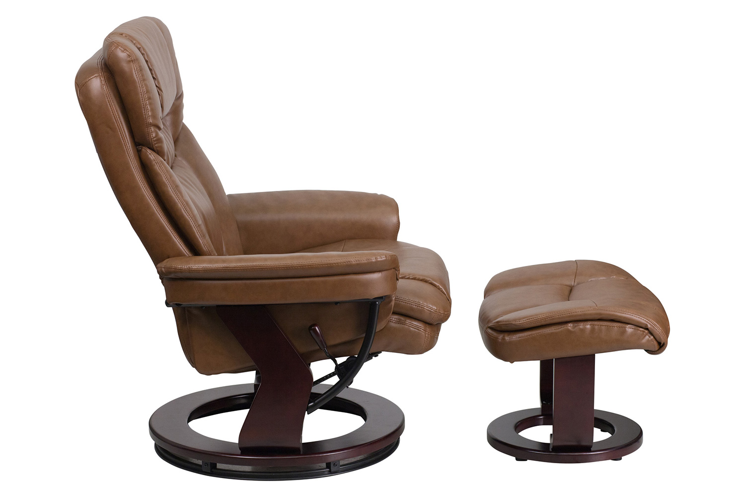 BLNK Allie LeatherSoft Contemporary Multi-Position Recliner and Curved Ottoman with Swivel Mahogany Wood Base - Palimino