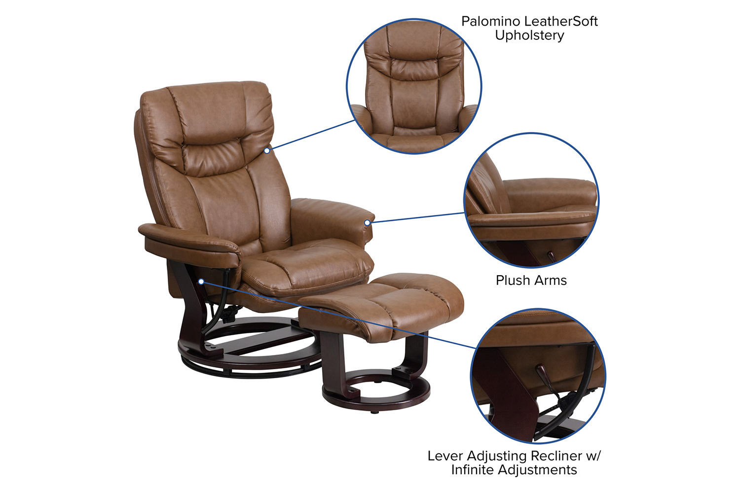 BLNK Allie LeatherSoft Contemporary Multi-Position Recliner and Curved Ottoman with Swivel Mahogany Wood Base - Palimino