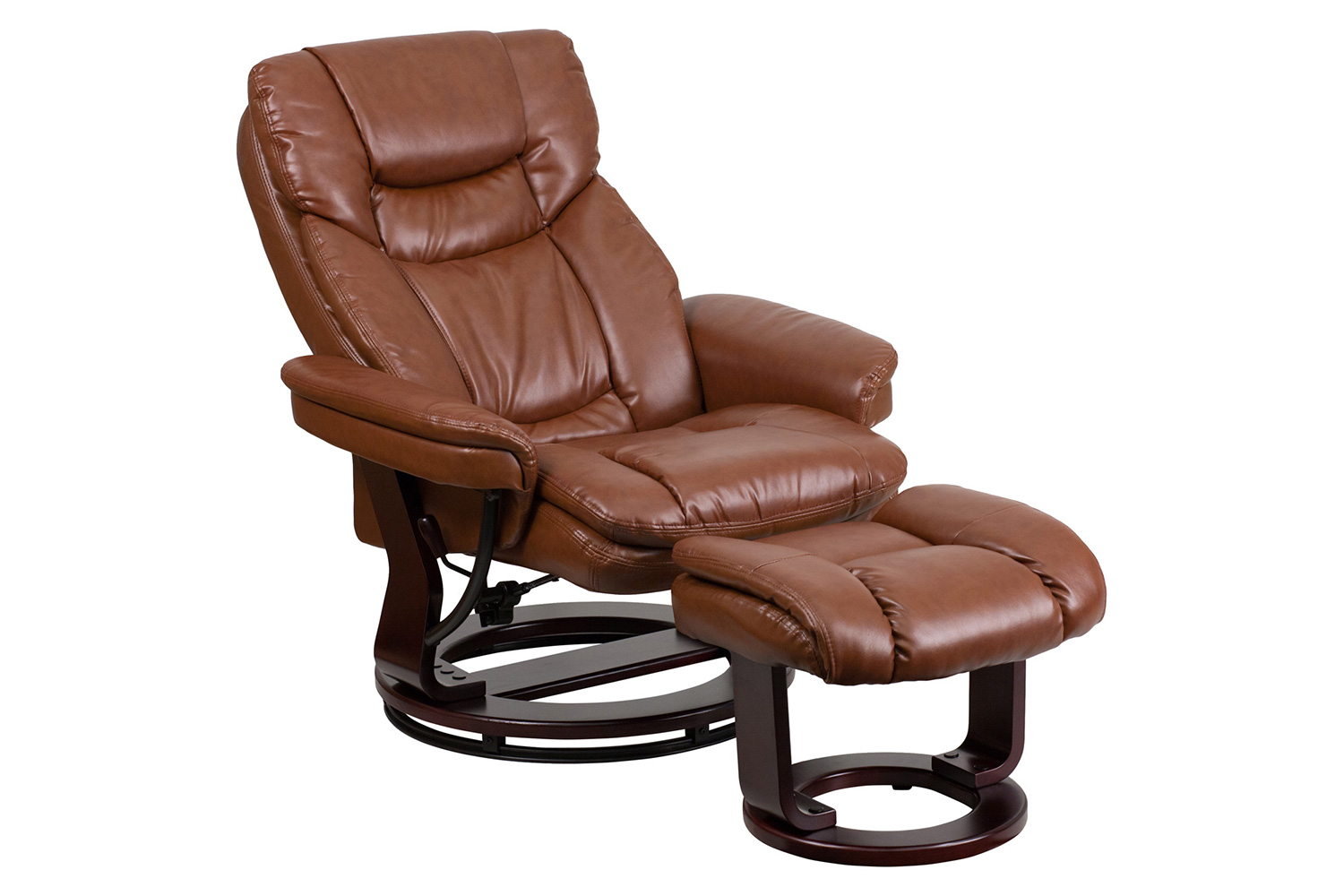 BLNK Allie LeatherSoft Contemporary Multi-Position Recliner and Curved Ottoman with Swivel Mahogany Wood Base - Brown Vintage