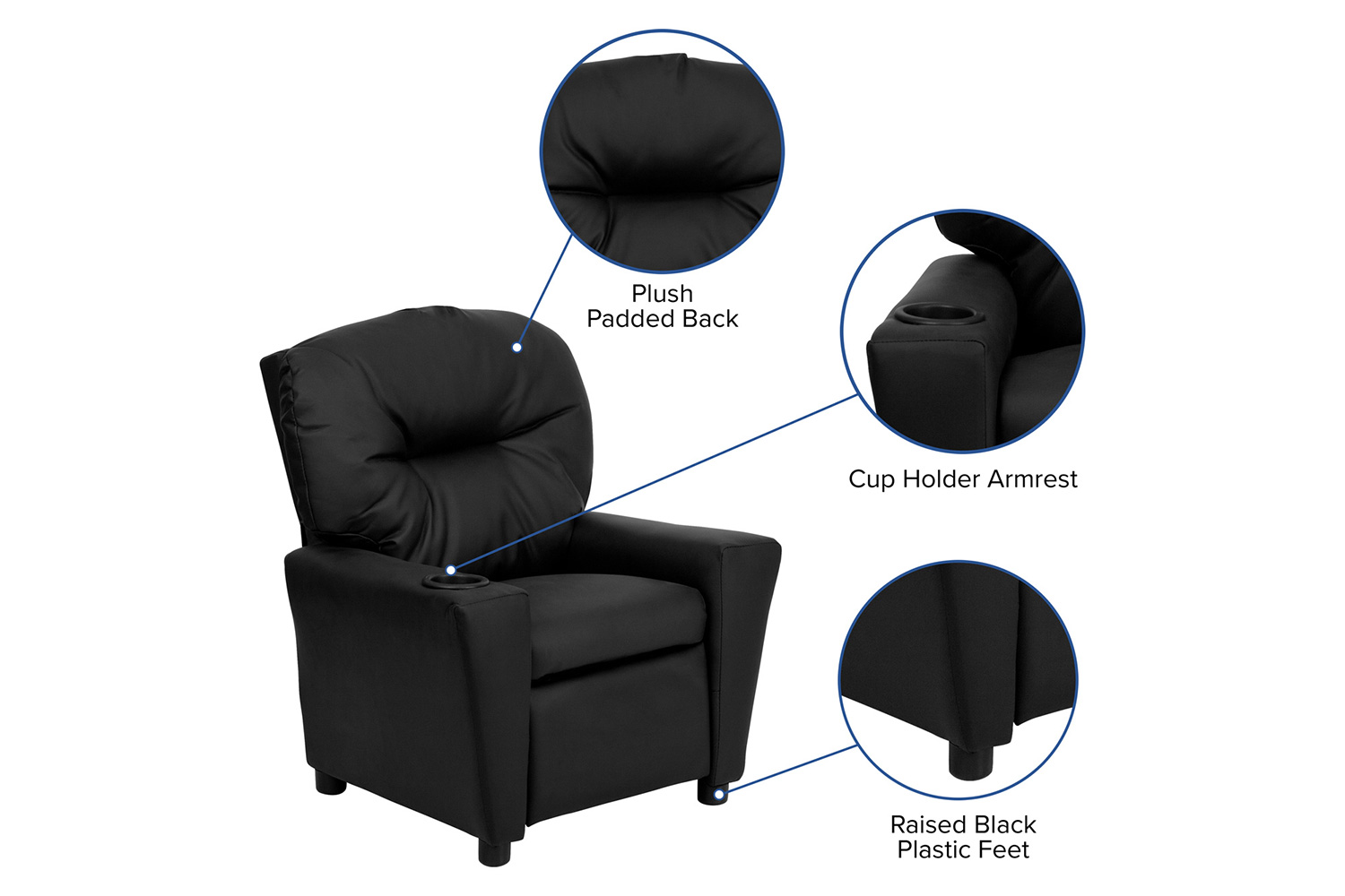 BLNK Chandler LeatherSoft Contemporary Kids Recliner with Cup Holder - Black