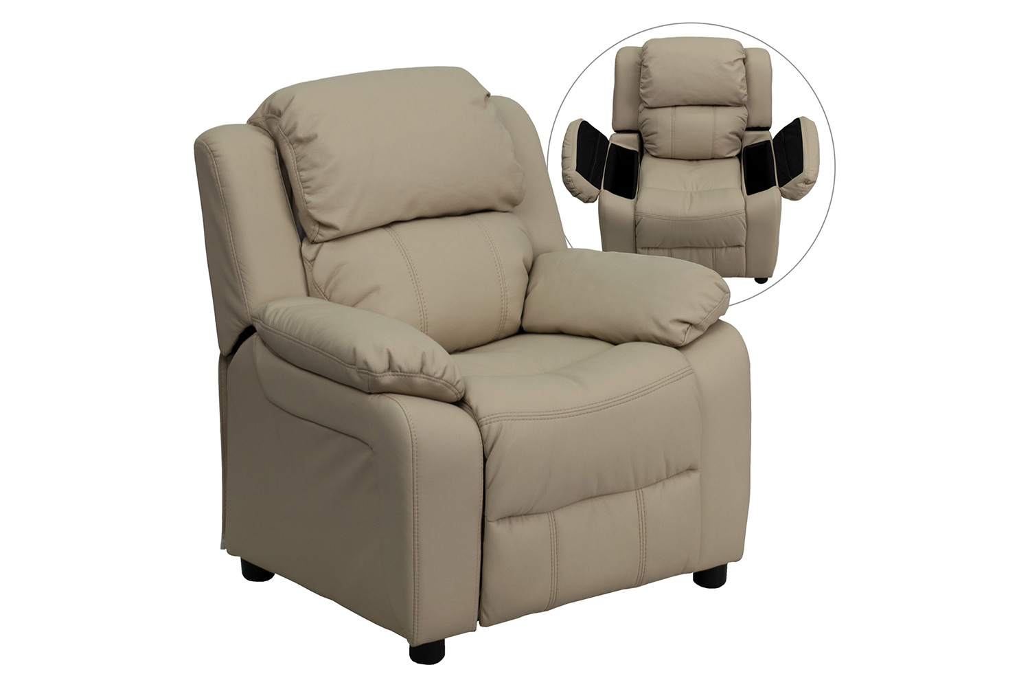 BLNK Charlie Deluxe Vinyl Padded Contemporary Kids Recliner with Storage Arms - Beige