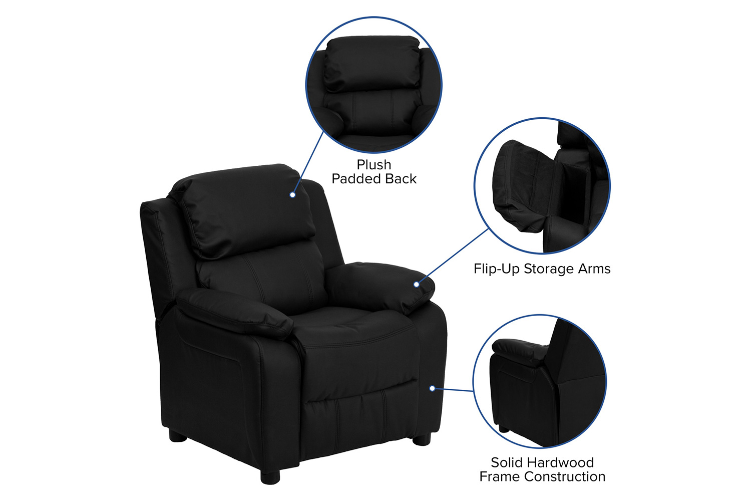 BLNK Charlie Deluxe LeatherSoft Padded Contemporary Kids Recliner with Storage Arms - Black