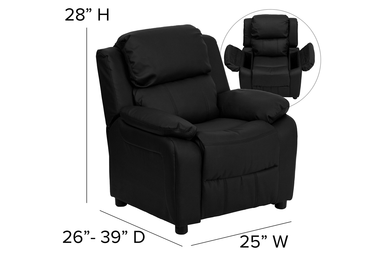 BLNK Charlie Deluxe LeatherSoft Padded Contemporary Kids Recliner with Storage Arms - Black